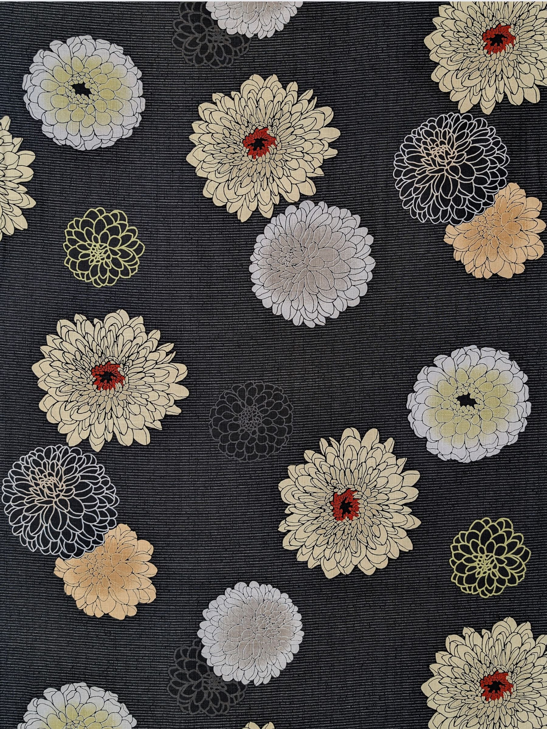 Kobayashi - Japanese Chrysanthemum & Pinstripes Dobby Cotton Fabric - Black