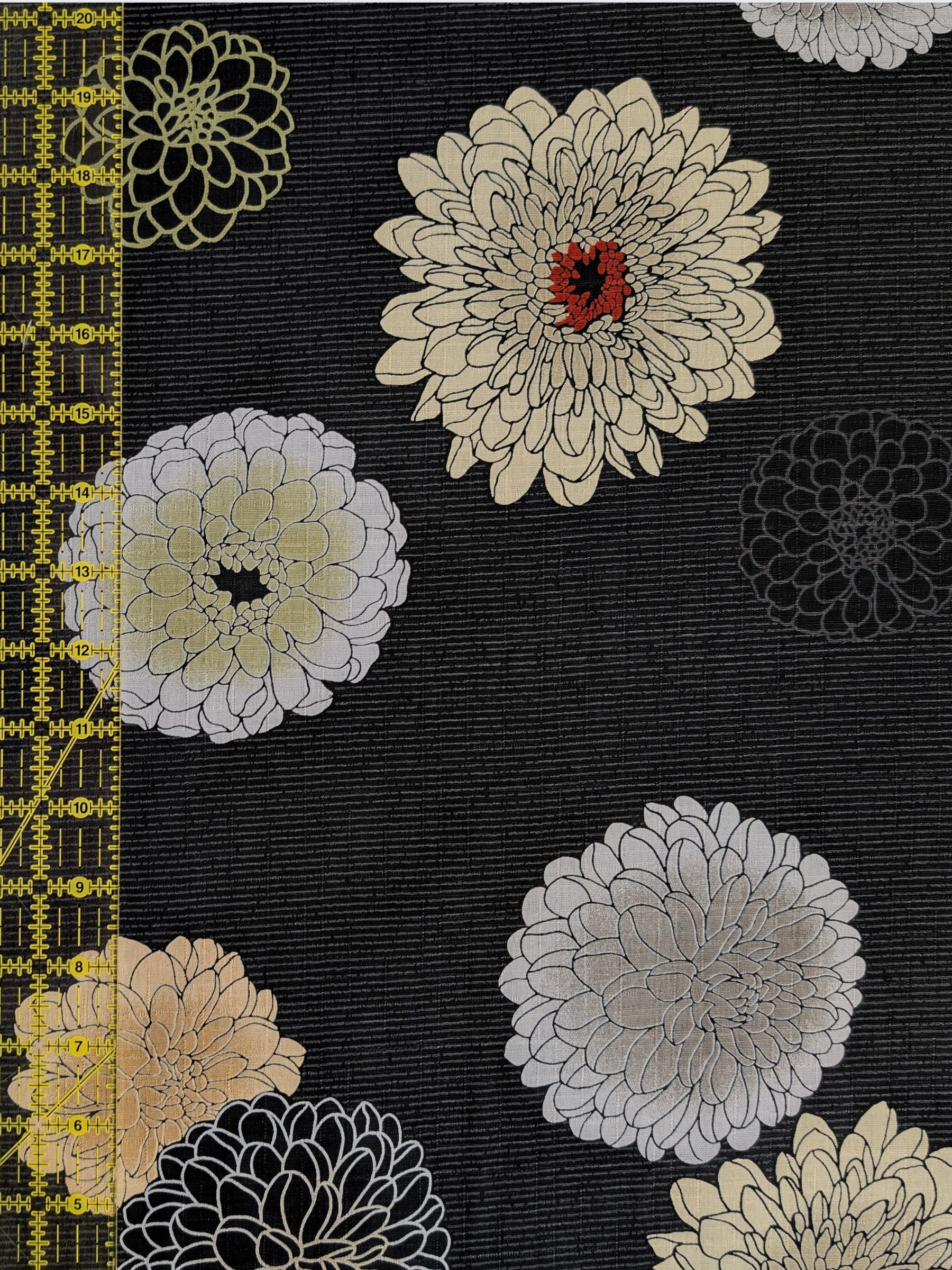Kobayashi - Japanese Chrysanthemum & Pinstripes Dobby Cotton Fabric - Black