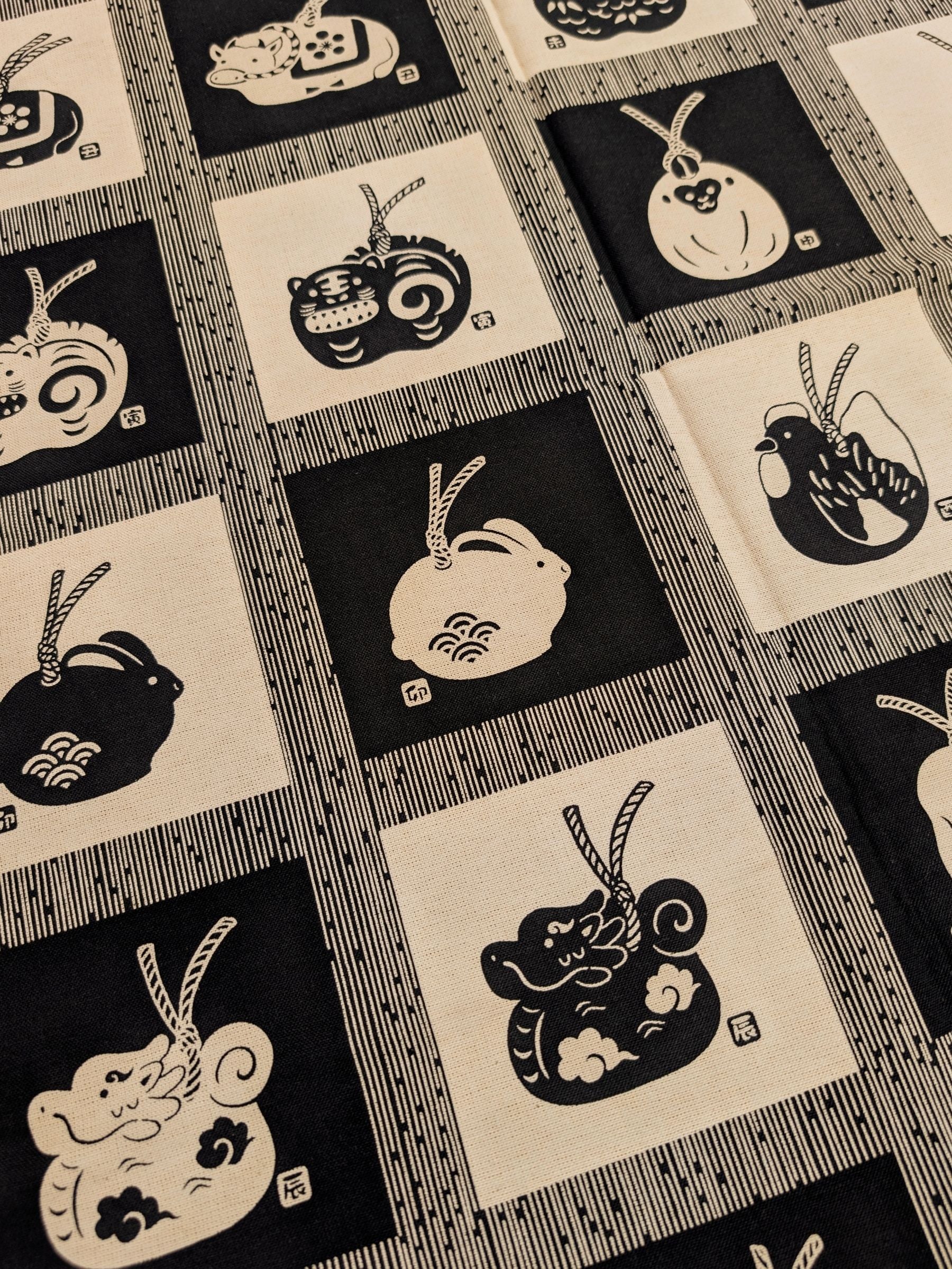 Orimono Imports - Animals of the Zodiac Printed Molly Cotton Fabric Panel - Black