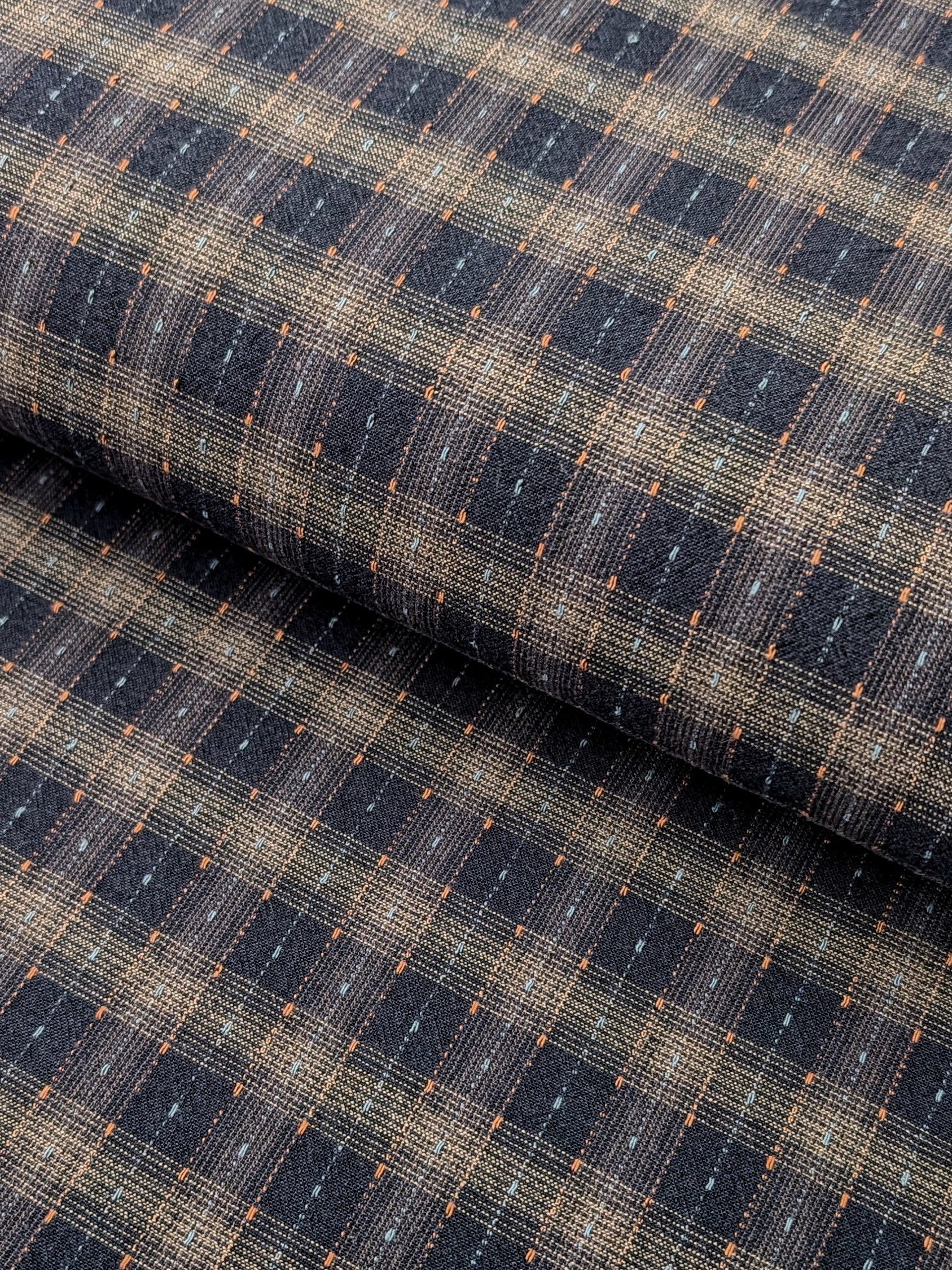 MYD - Dotted Texture Gingham Plaid Yarn Dyed Cotton Fabric - Navy and Grey