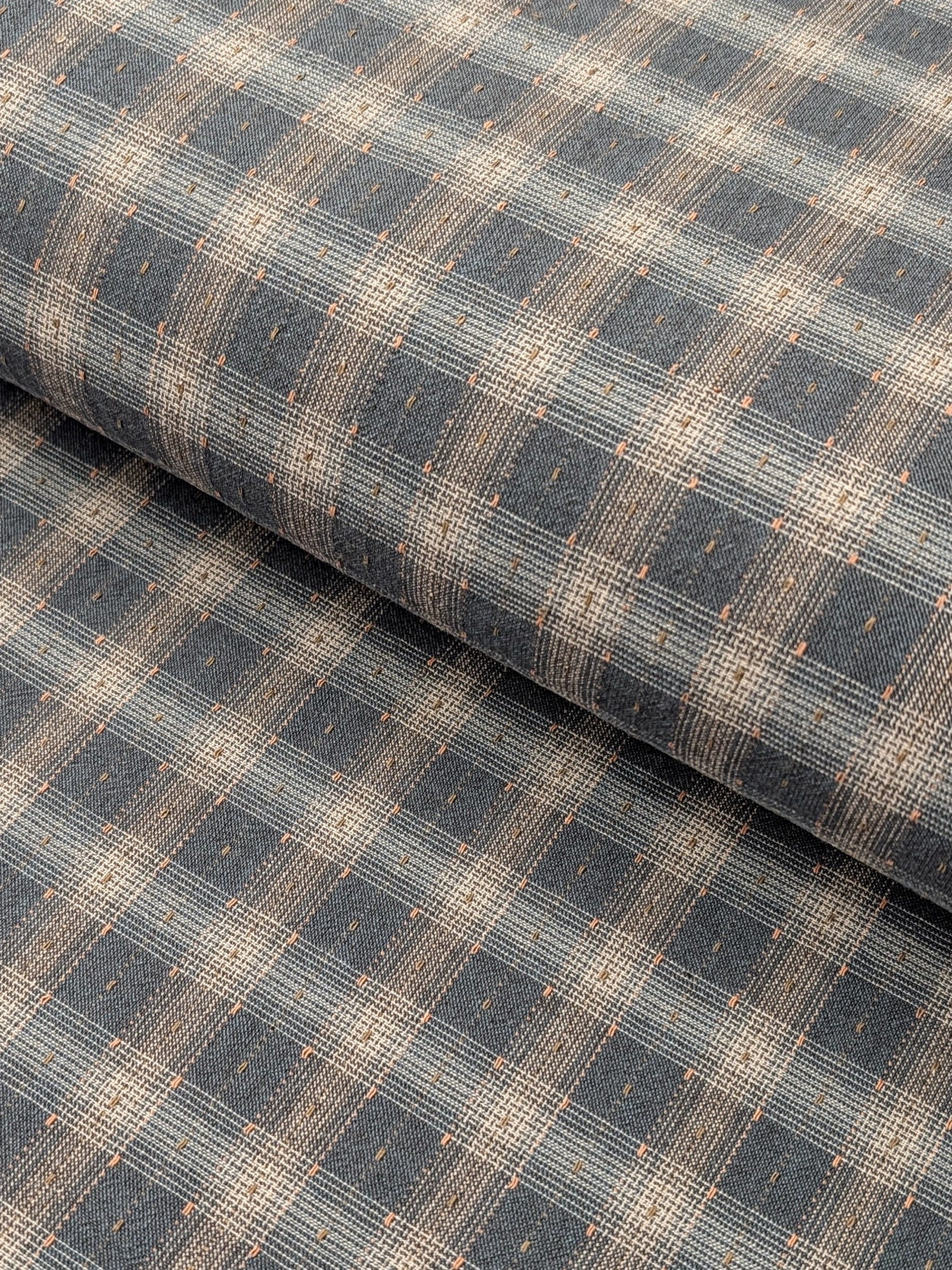MYD - Dotted Texture Gingham Plaid Yarn Dyed Cotton Fabric - Medium Blue and Cream