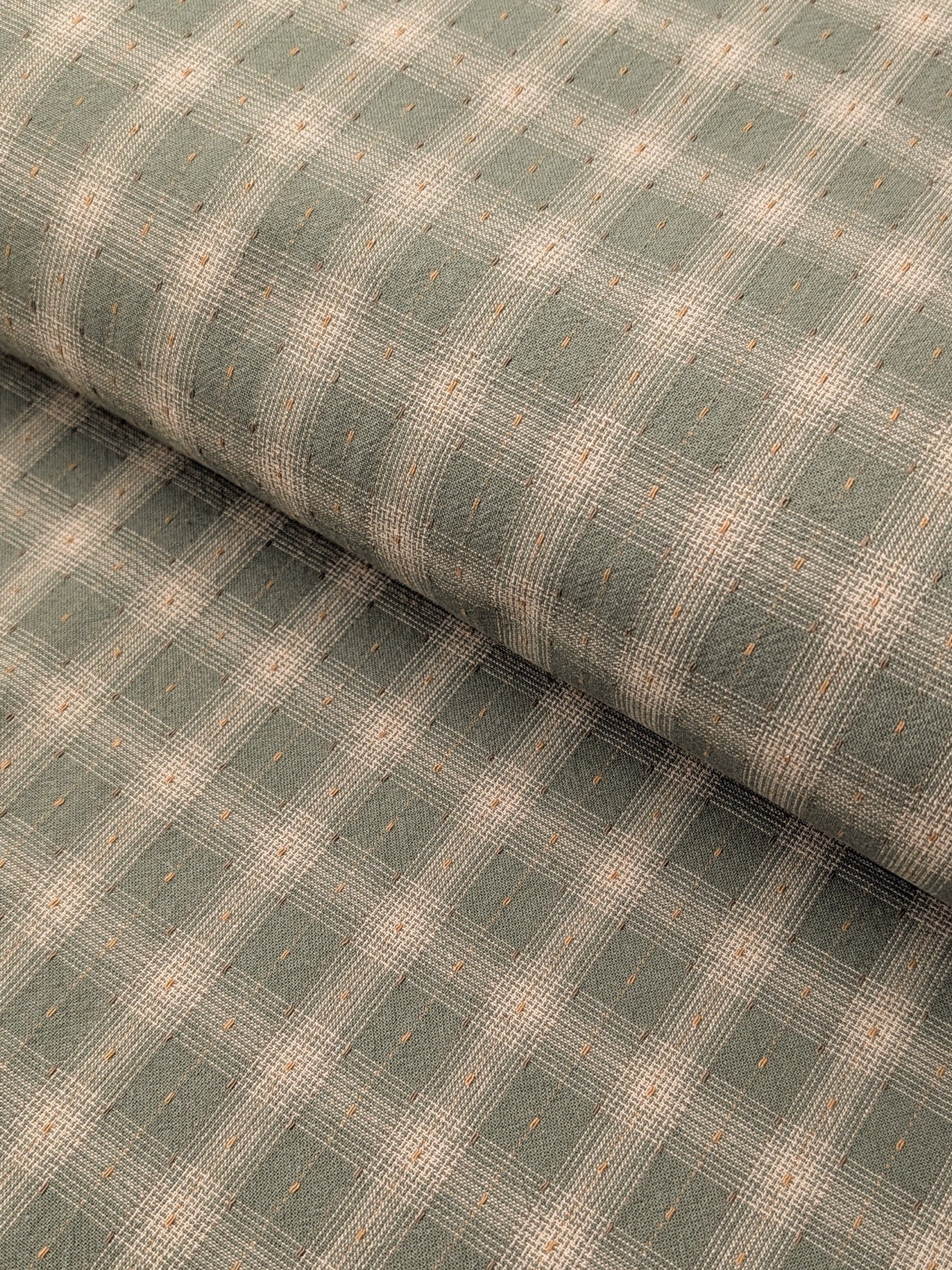 MYD - Dotted Texture Gingham Plaid Yarn Dyed Cotton Fabric - Forest Green and Cream