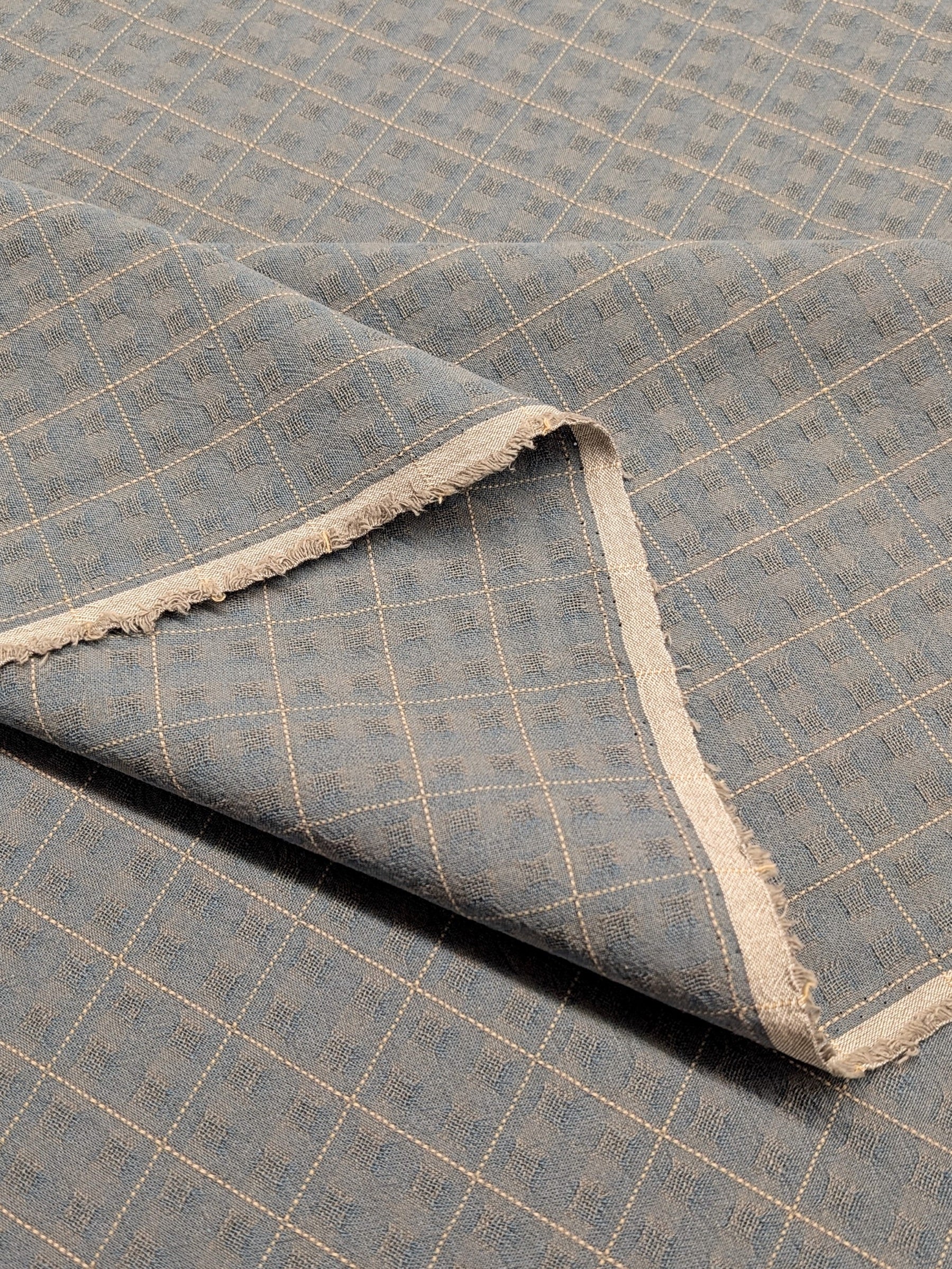 MYD - Textured Windowpane Plaid Yarn Dyed Cotton Fabric - Medium Blue