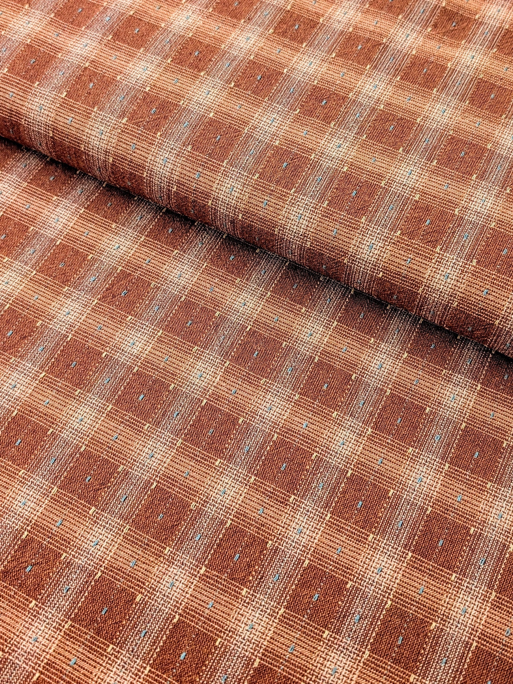 MYD - Dotted Texture Gingham Plaid Yarn Dyed Cotton Fabric - Brick and Cream