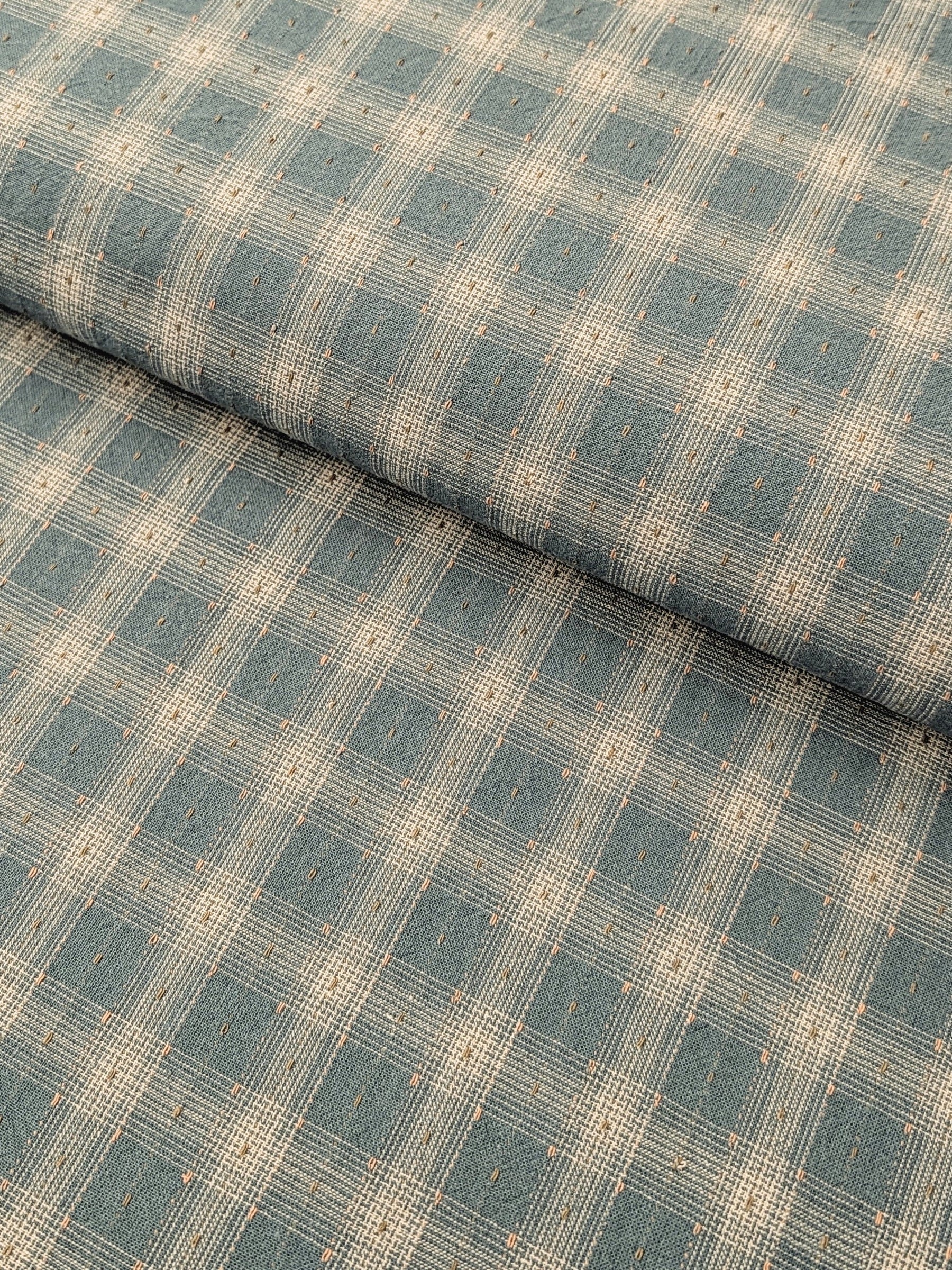 MYD - Dotted Texture Gingham Plaid Yarn Dyed Cotton Fabric - Medium blue and Cream