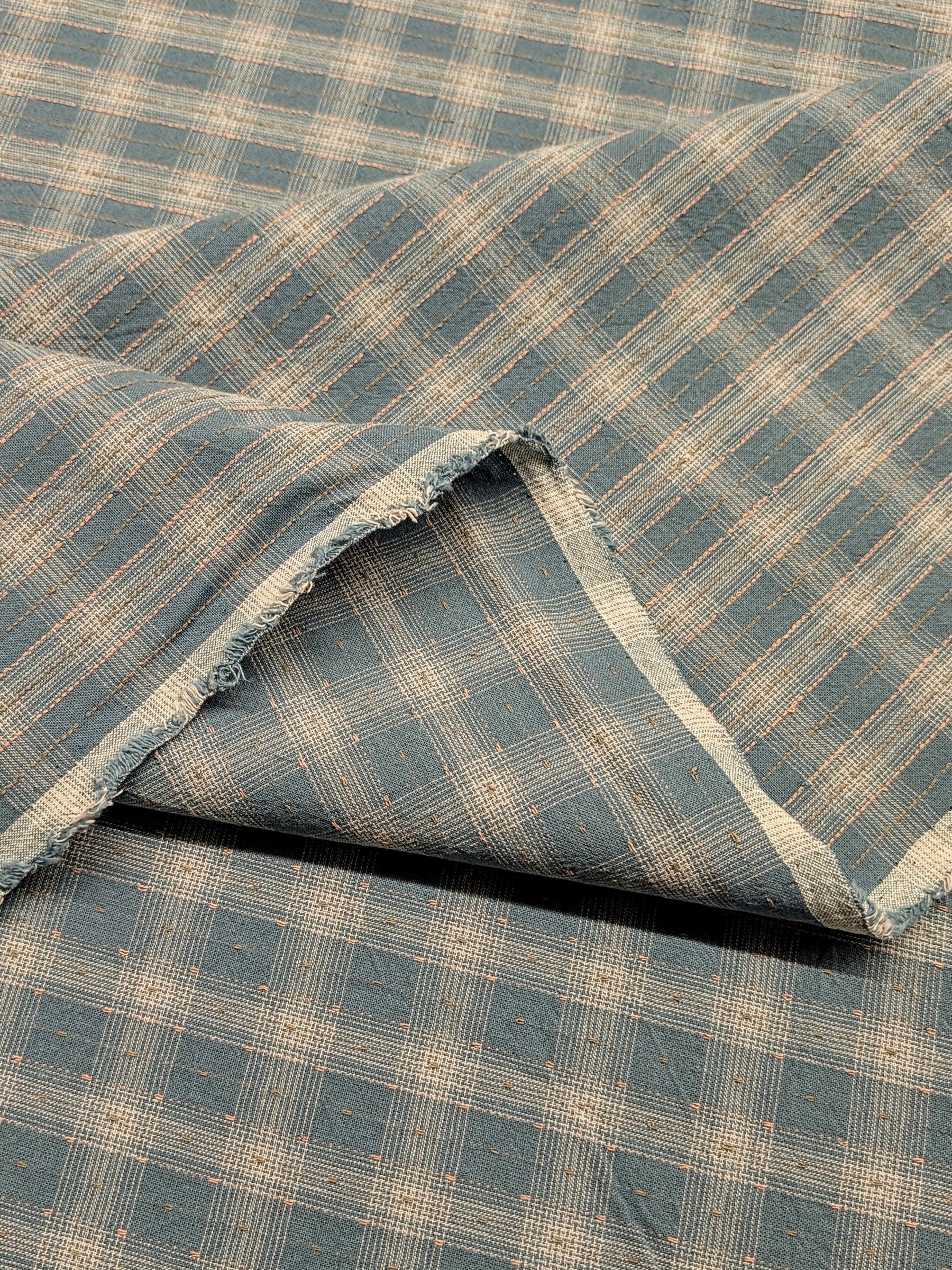 MYD - Dotted Texture Gingham Plaid Yarn Dyed Cotton Fabric - Medium blue and Cream