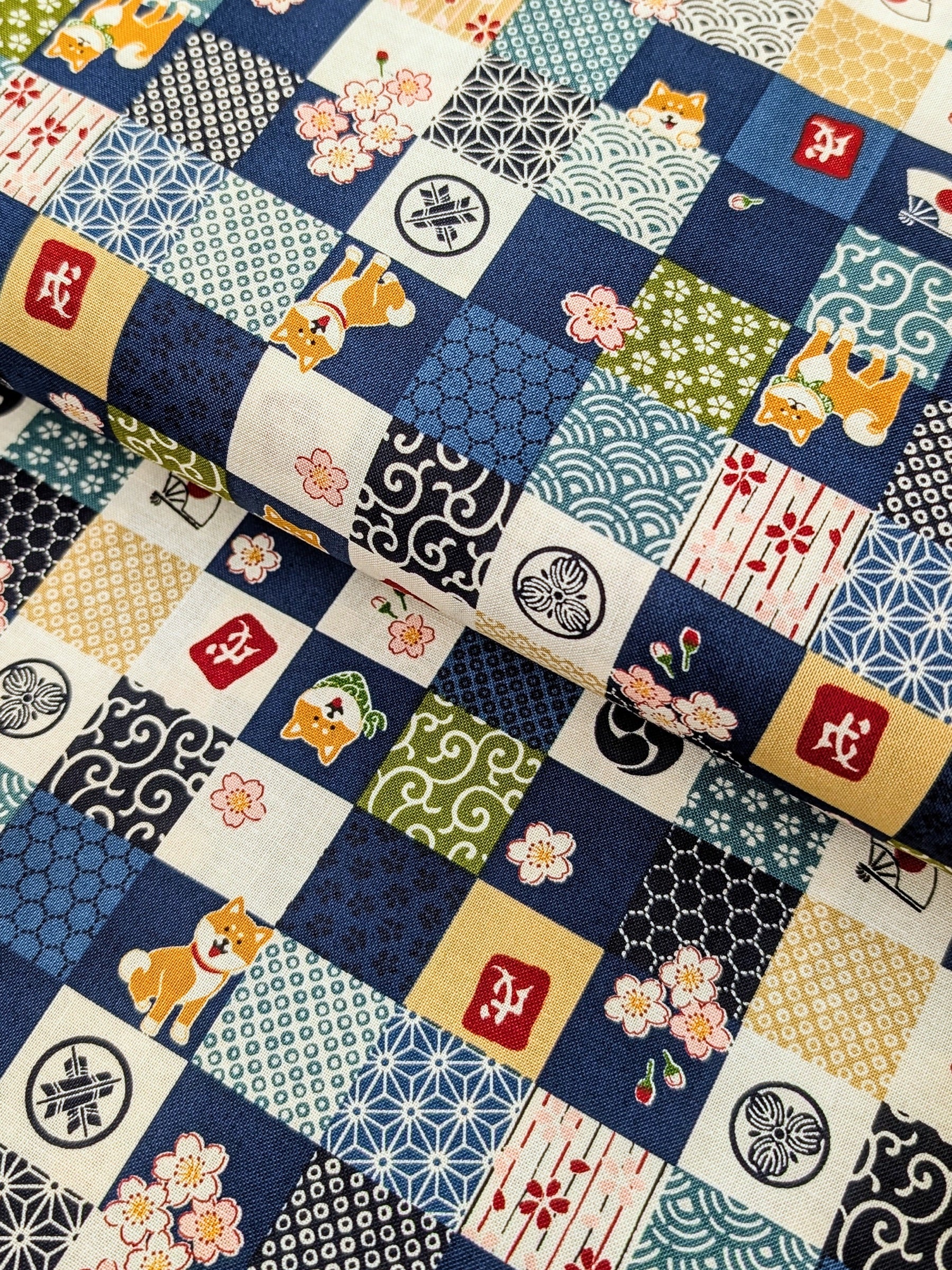 Cosmo - Checkerboard Shibas Cotton Sheeting - Blue