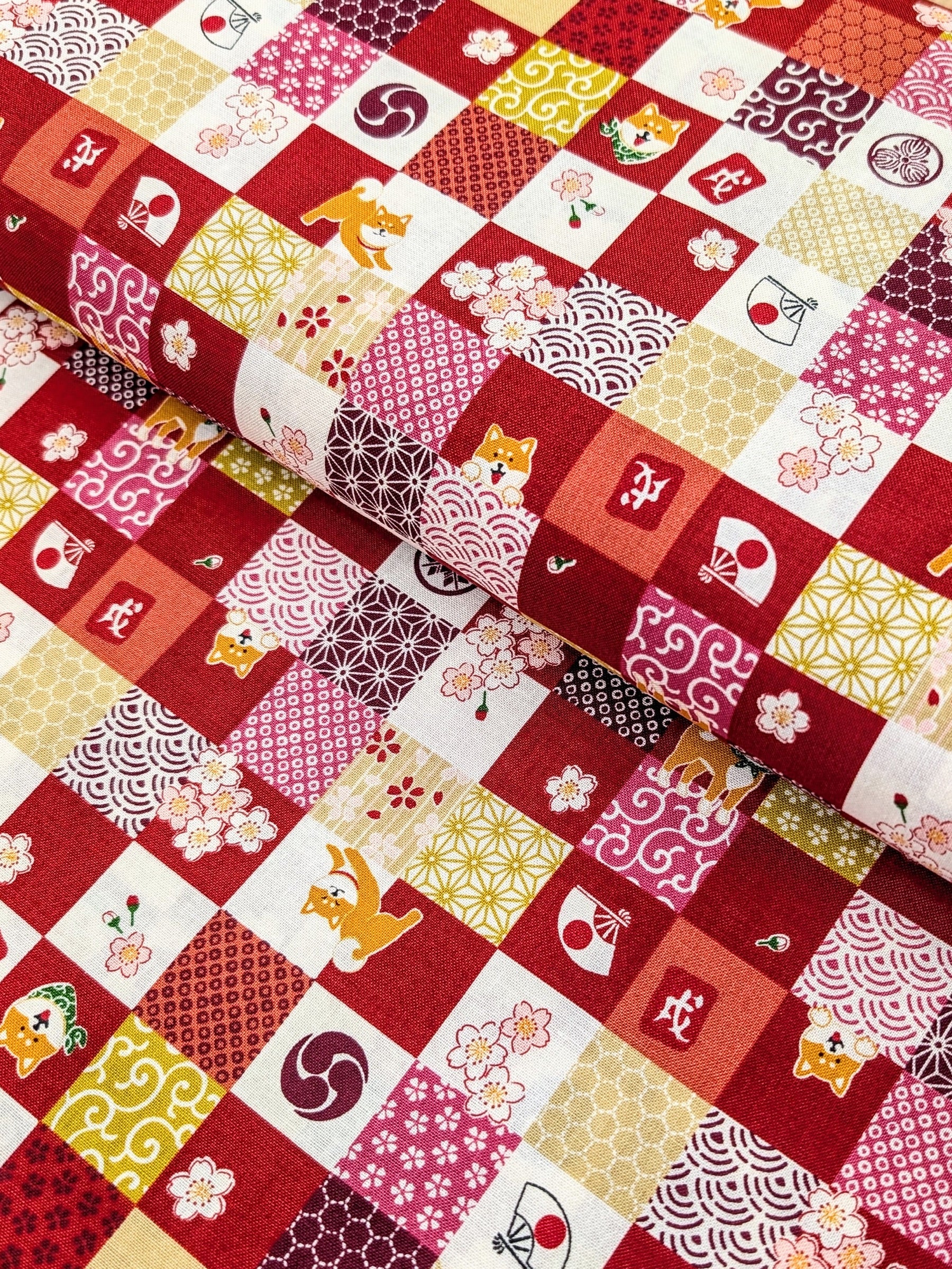 Cosmo - Checkerboard Shibas Cotton Sheeting - Red