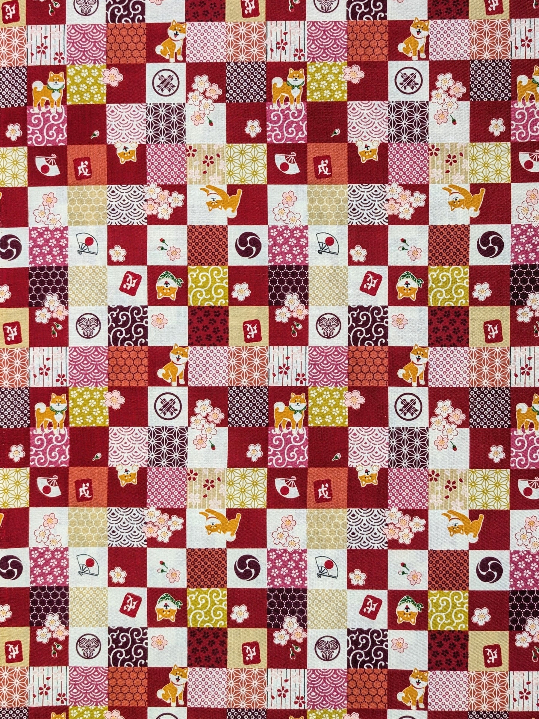 Cosmo - Checkerboard Shibas Cotton Sheeting - Red