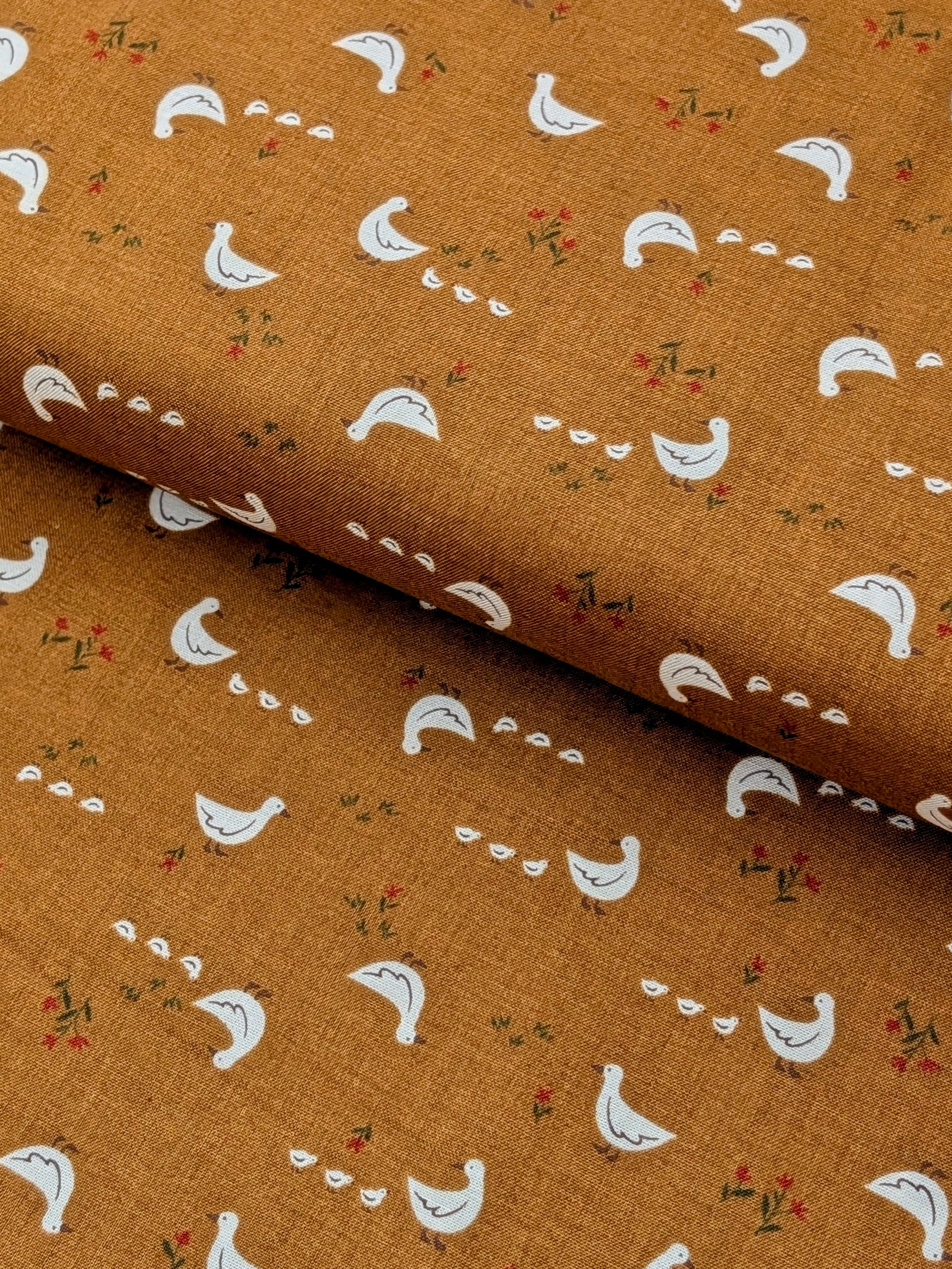 Vancet - Farmyard Ducks Japanese Cotton Feedsack Fabric - Brown