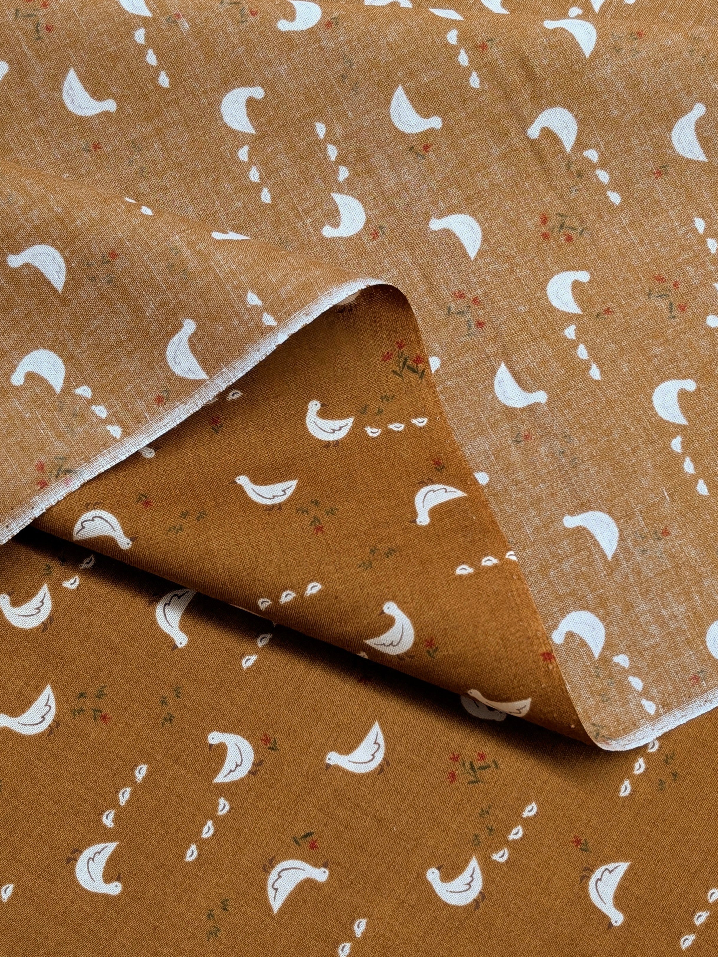 Vancet - Farmyard Ducks Japanese Cotton Feedsack Fabric - Brown