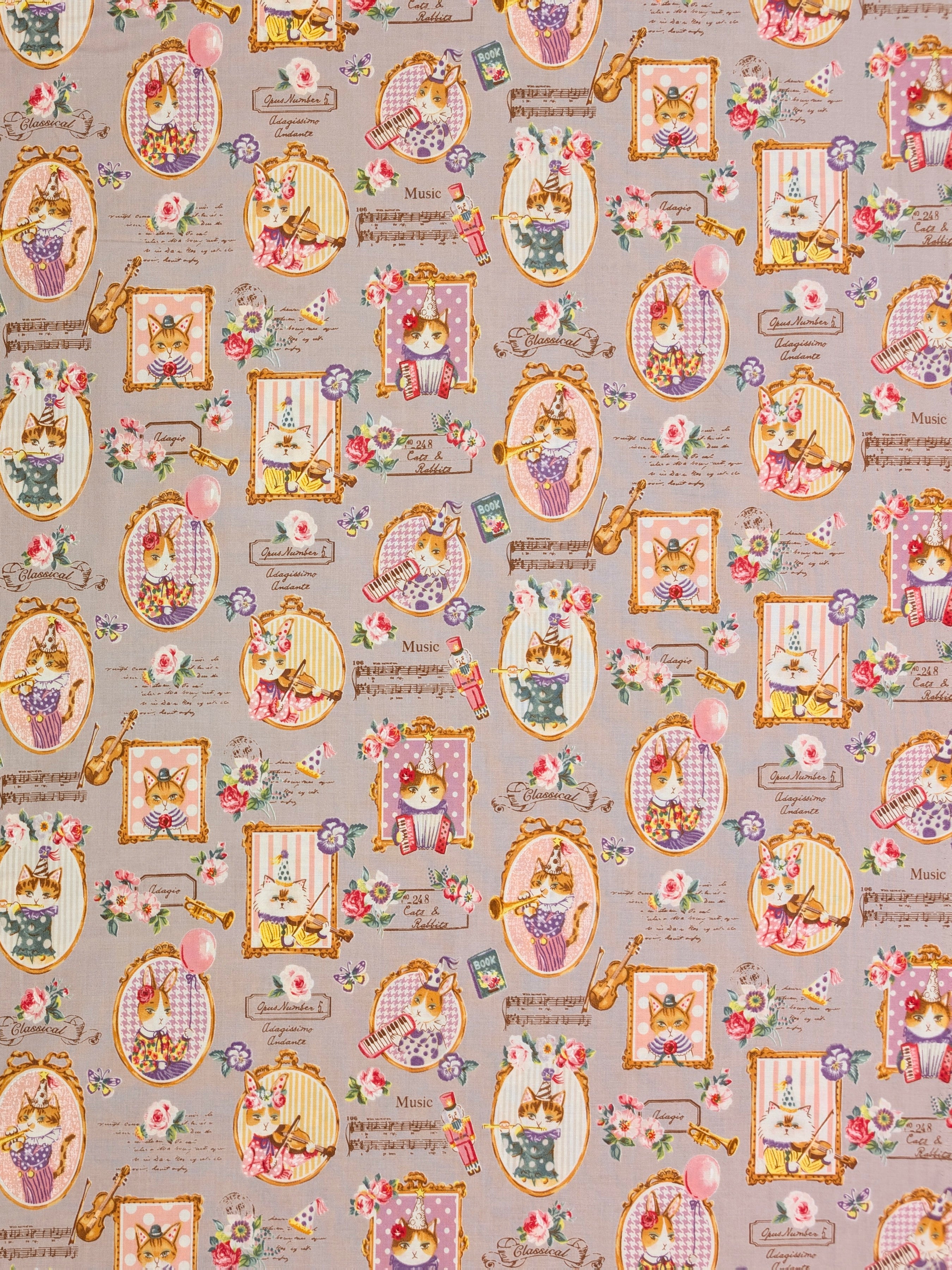 Yuwa - Musical Animal Portraits Cotton Fabric - Gray