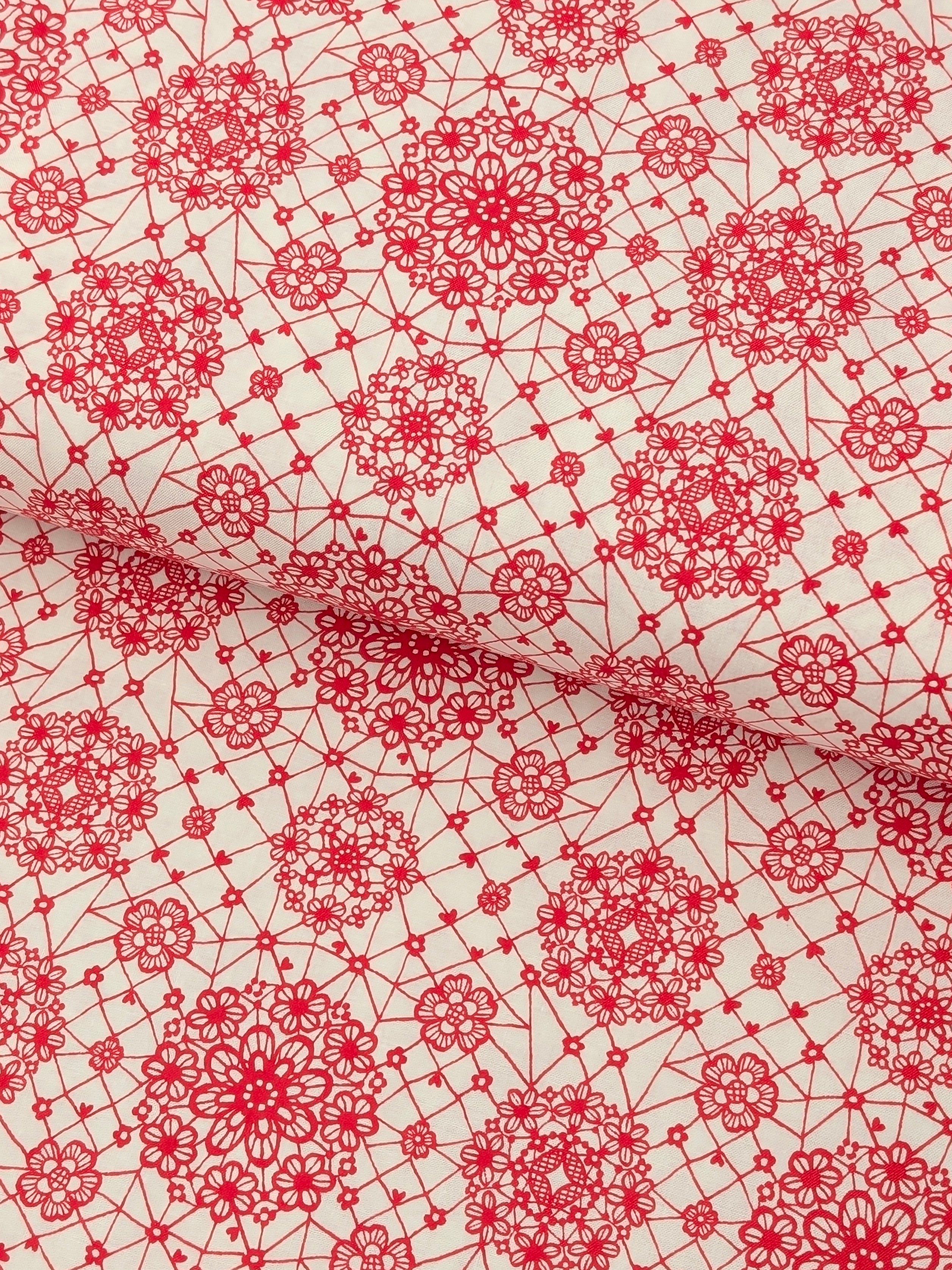 Yuwa - Floral Lace Print Cotton Fabric - Red