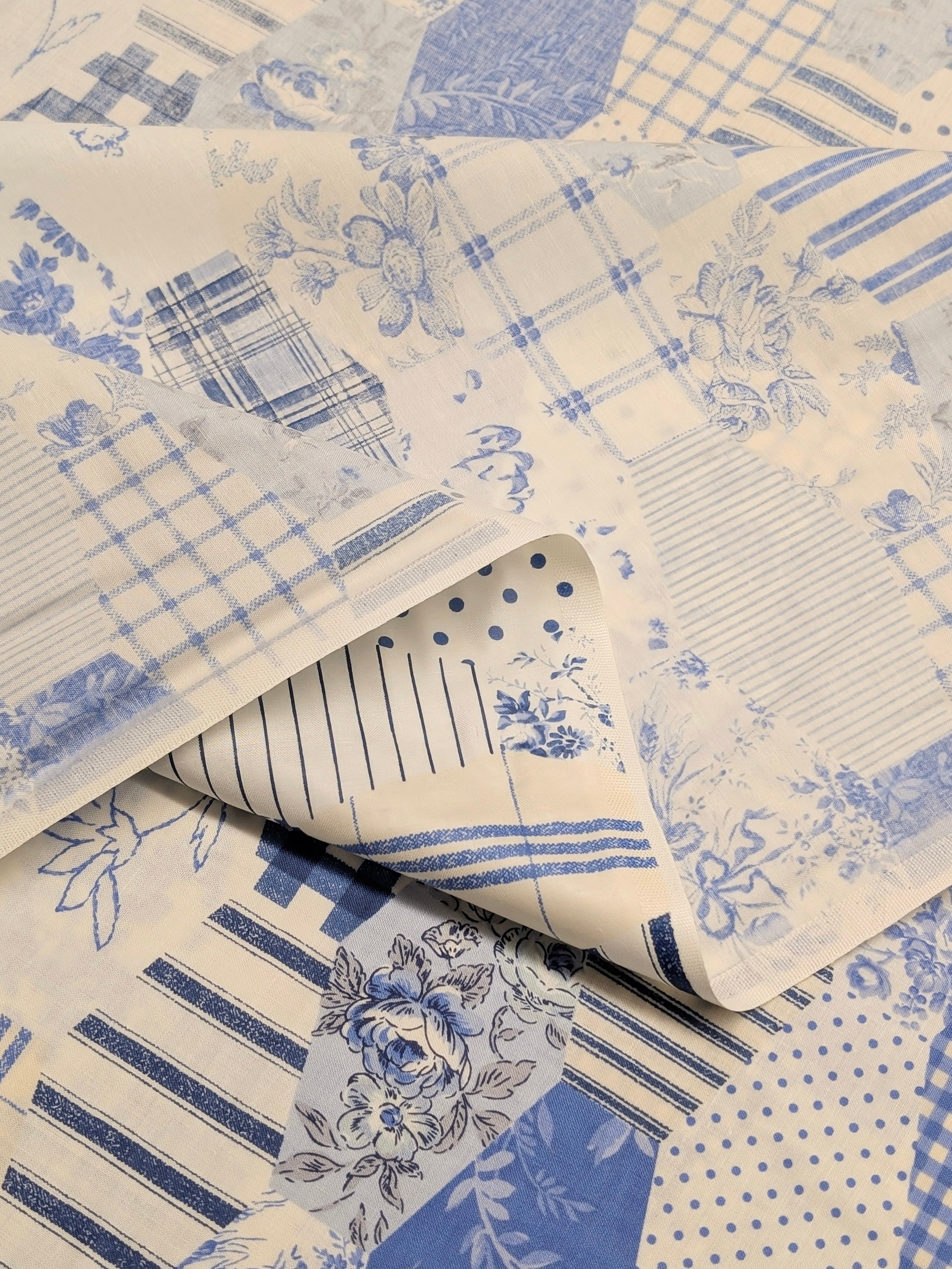 Yuwa - Patchwork Quilt Printed Cotton Fabric - White & Blue