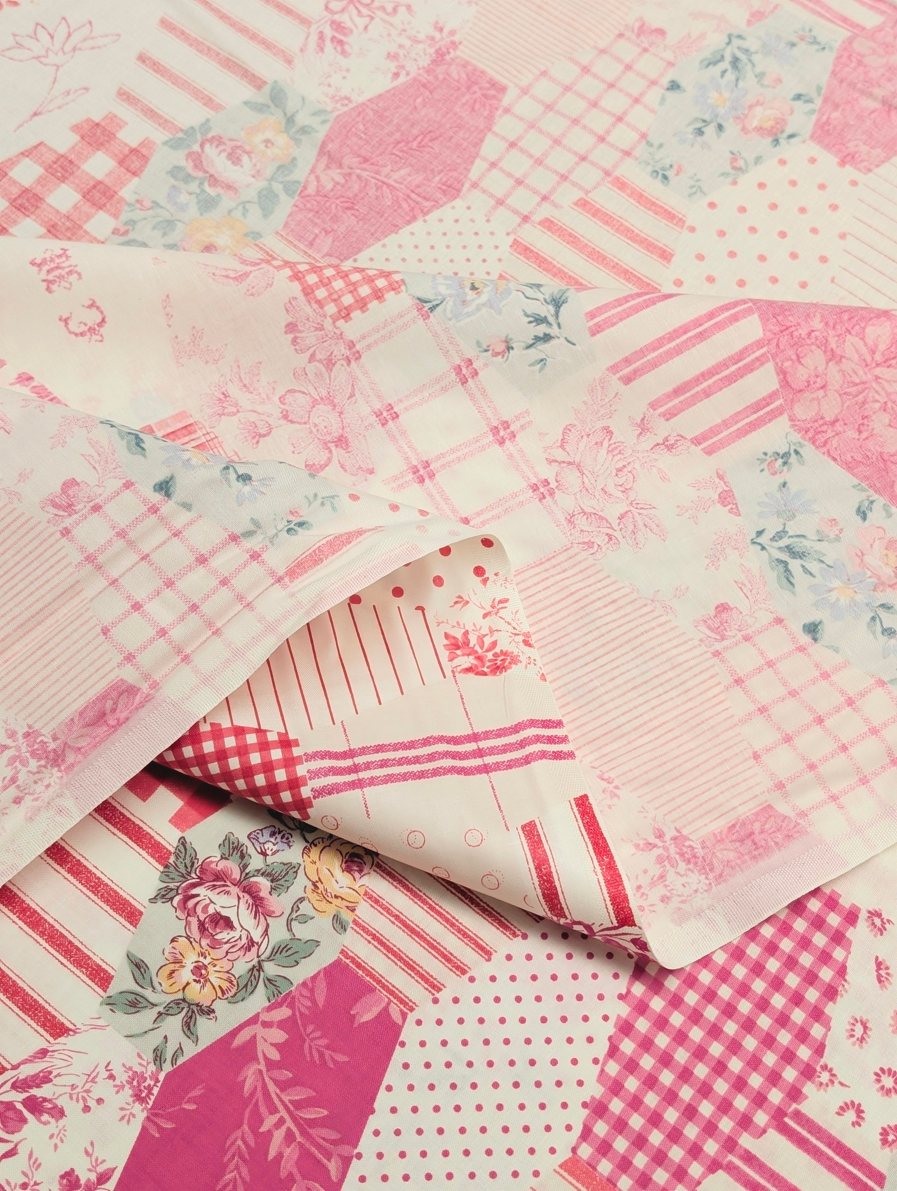 Yuwa - Patchwork Quilt Printed Cotton Fabric - White & Pink
