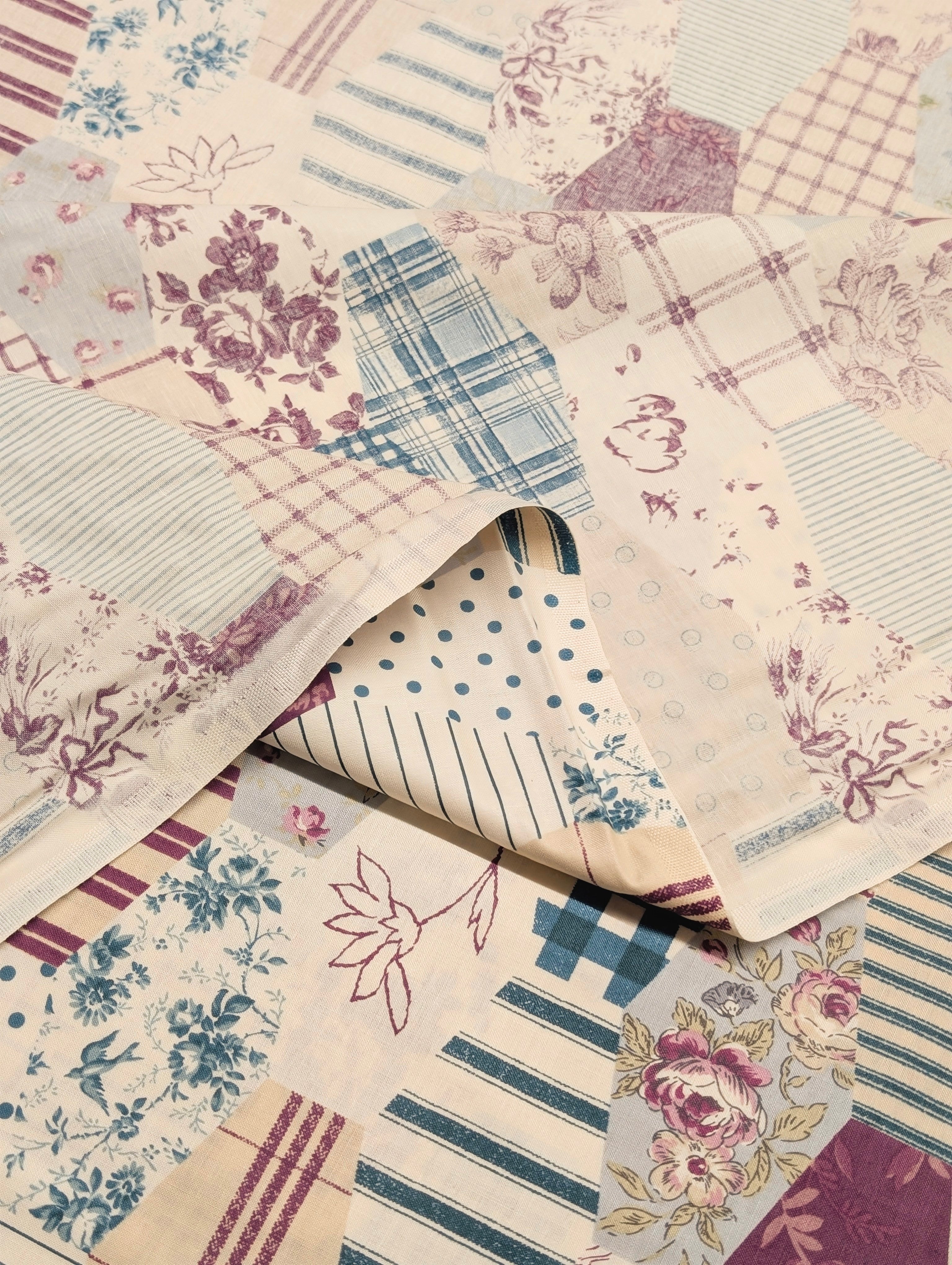 Yuwa - Patchwork Quilt Printed Cotton Fabric - Beige, Maroon & Green