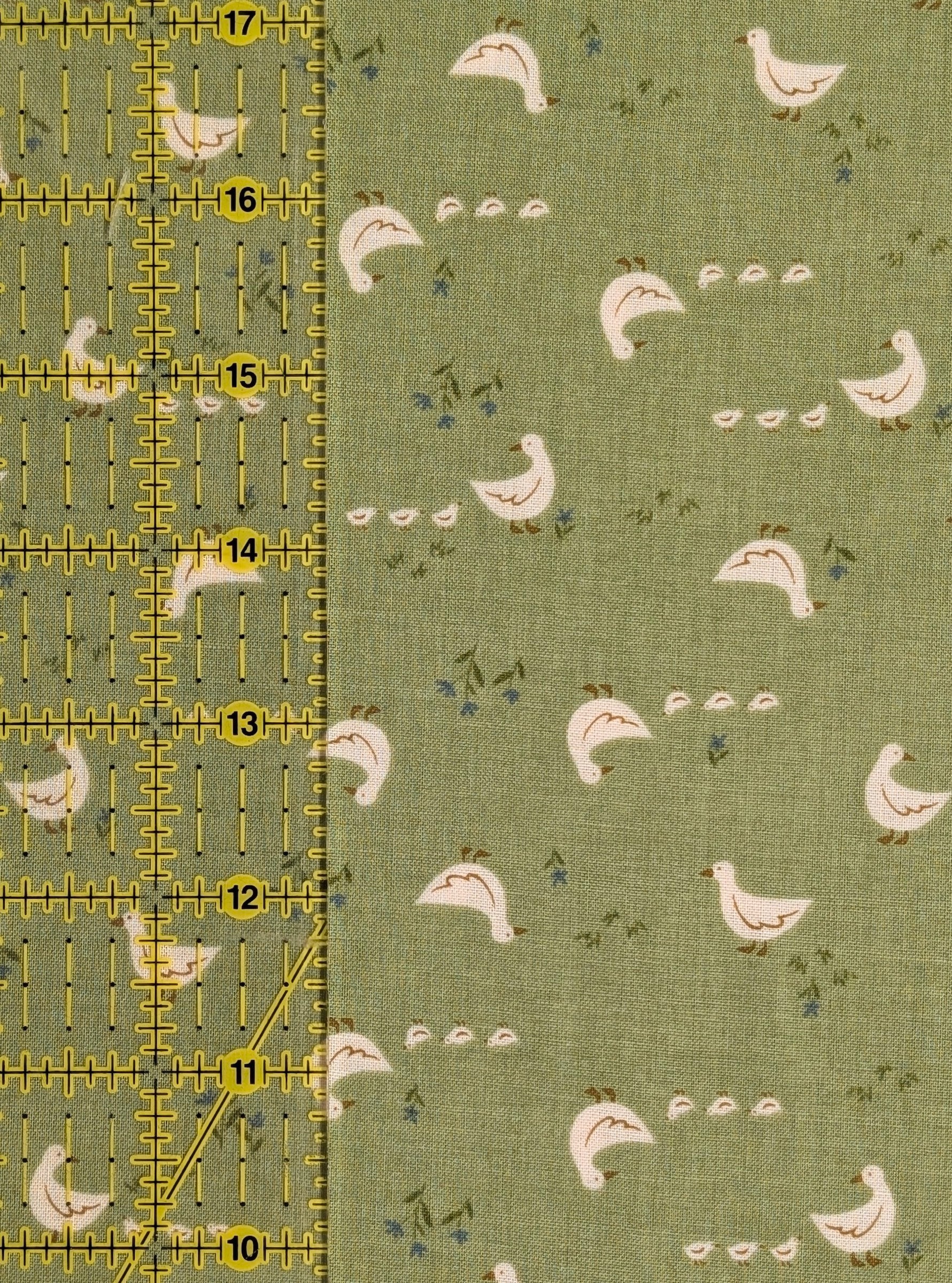 Vancet - Farmyard Ducks Feed Sack Print Cotton Fabric - Green