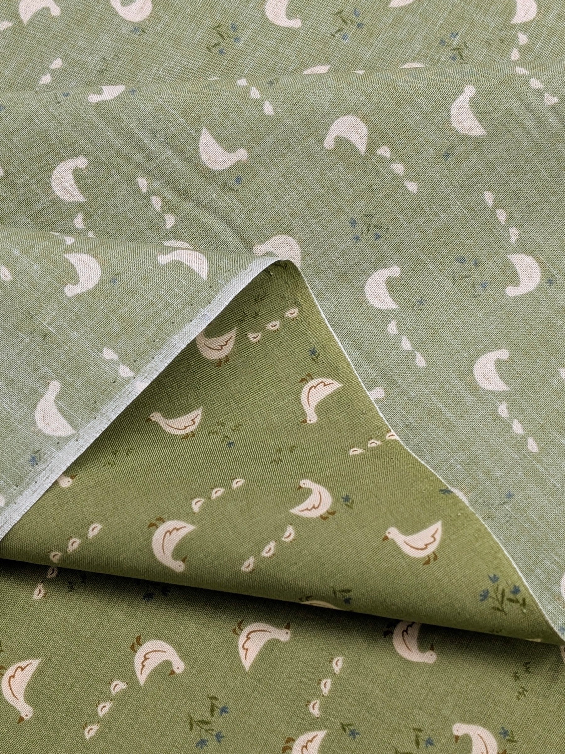Vancet - Farmyard Ducks Feed Sack Print Cotton Fabric - Green