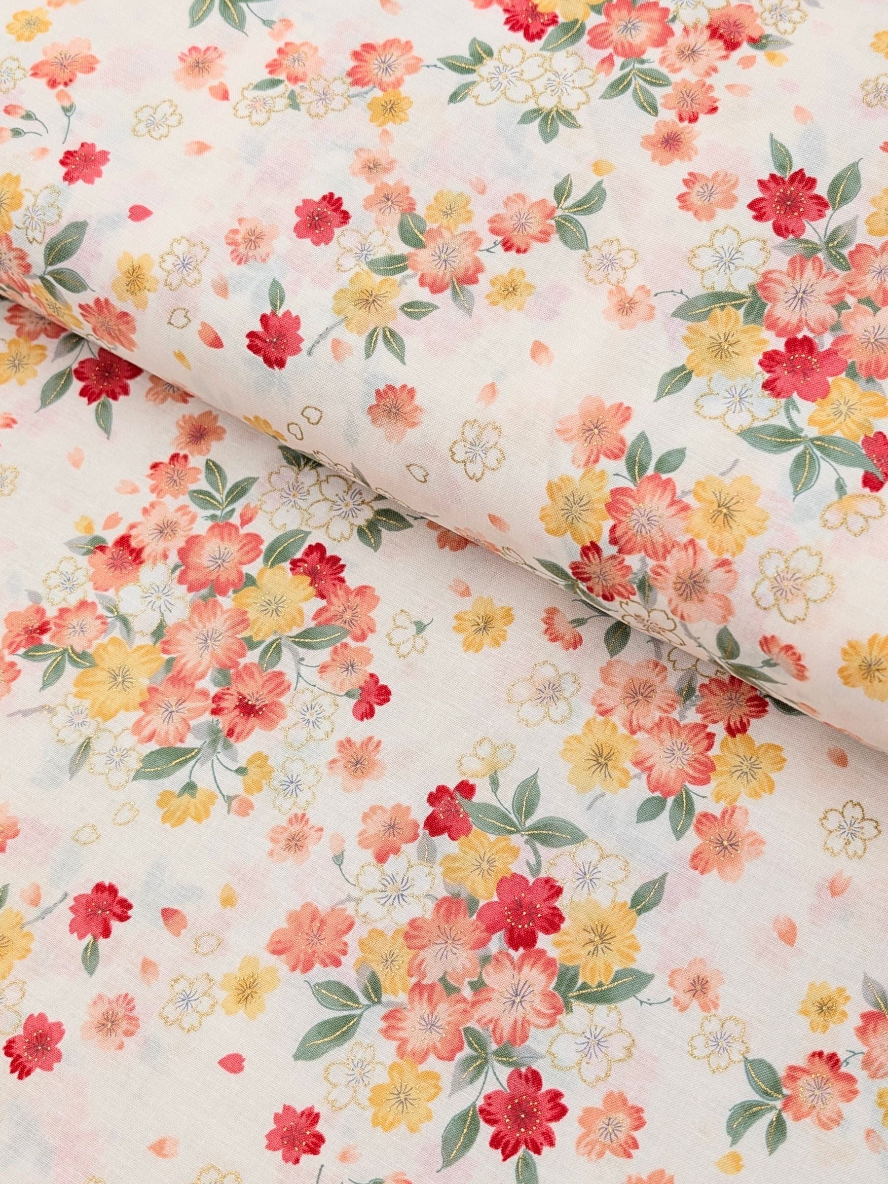 Kokka - Golden Cherry Blossoms Cotton Sheeting Fabric - White