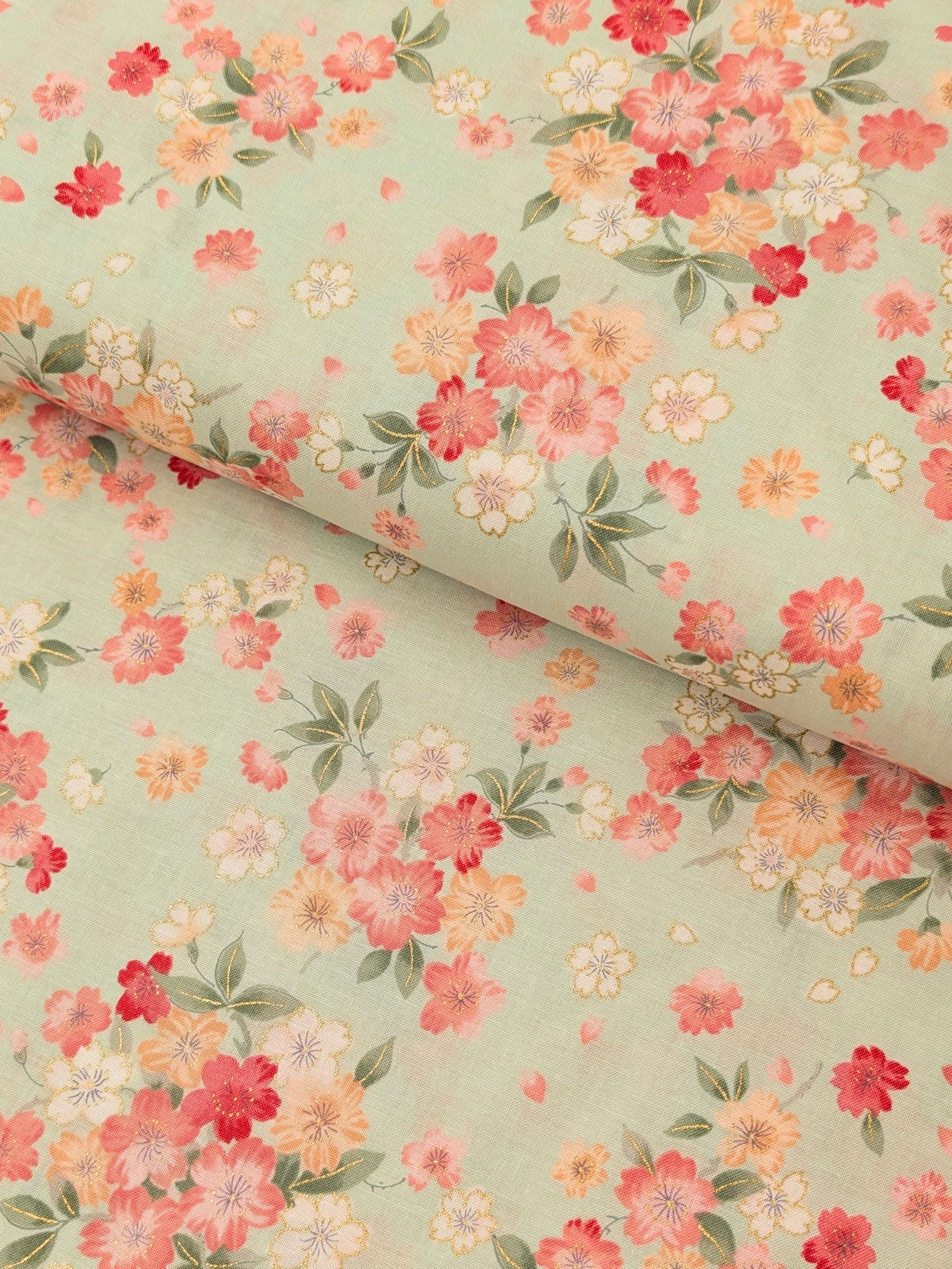Kokka - Golden Cherry Blossoms Cotton Sheeting Fabric - Green