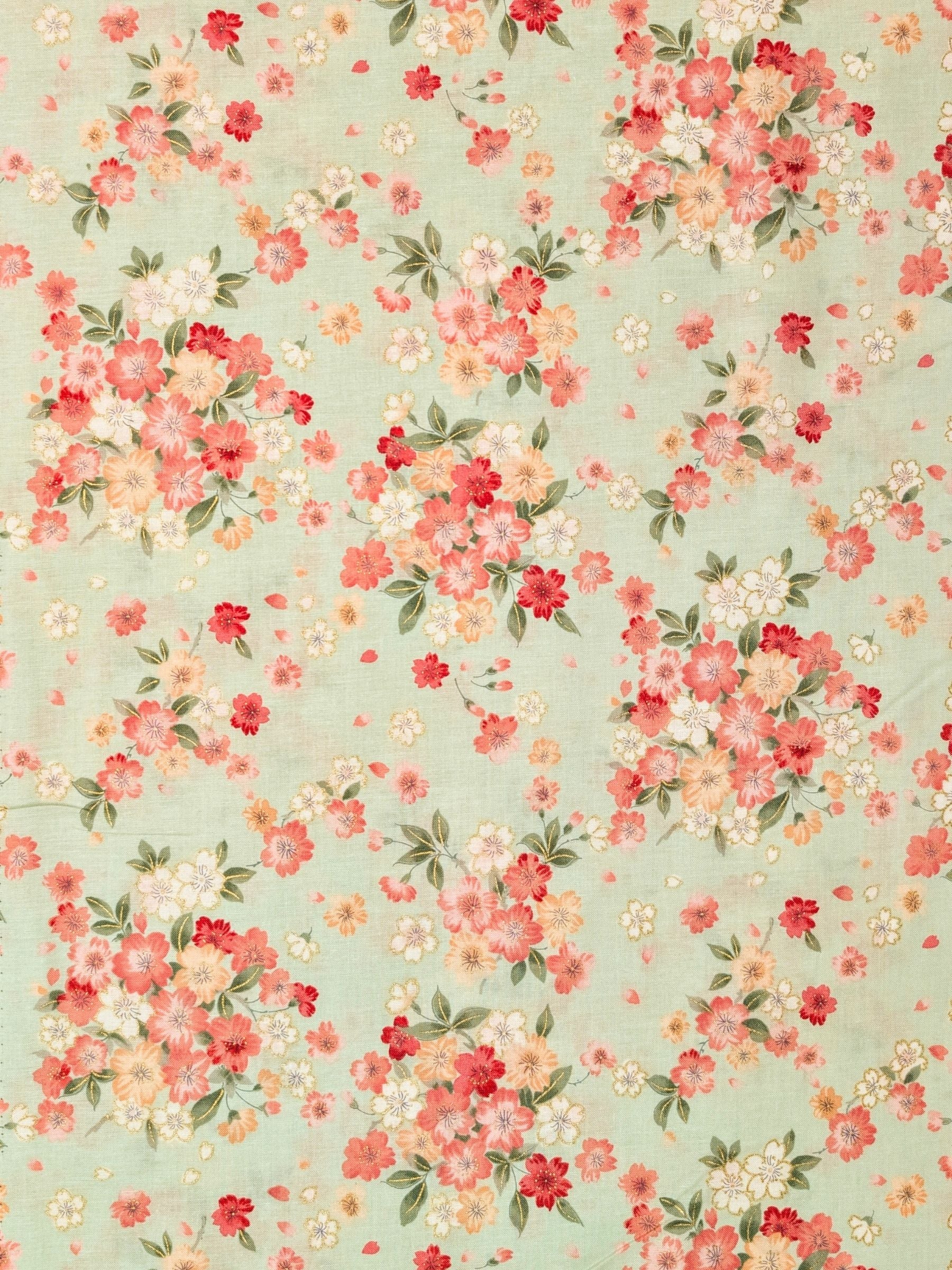 Kokka - Golden Cherry Blossoms Cotton Sheeting Fabric - Green