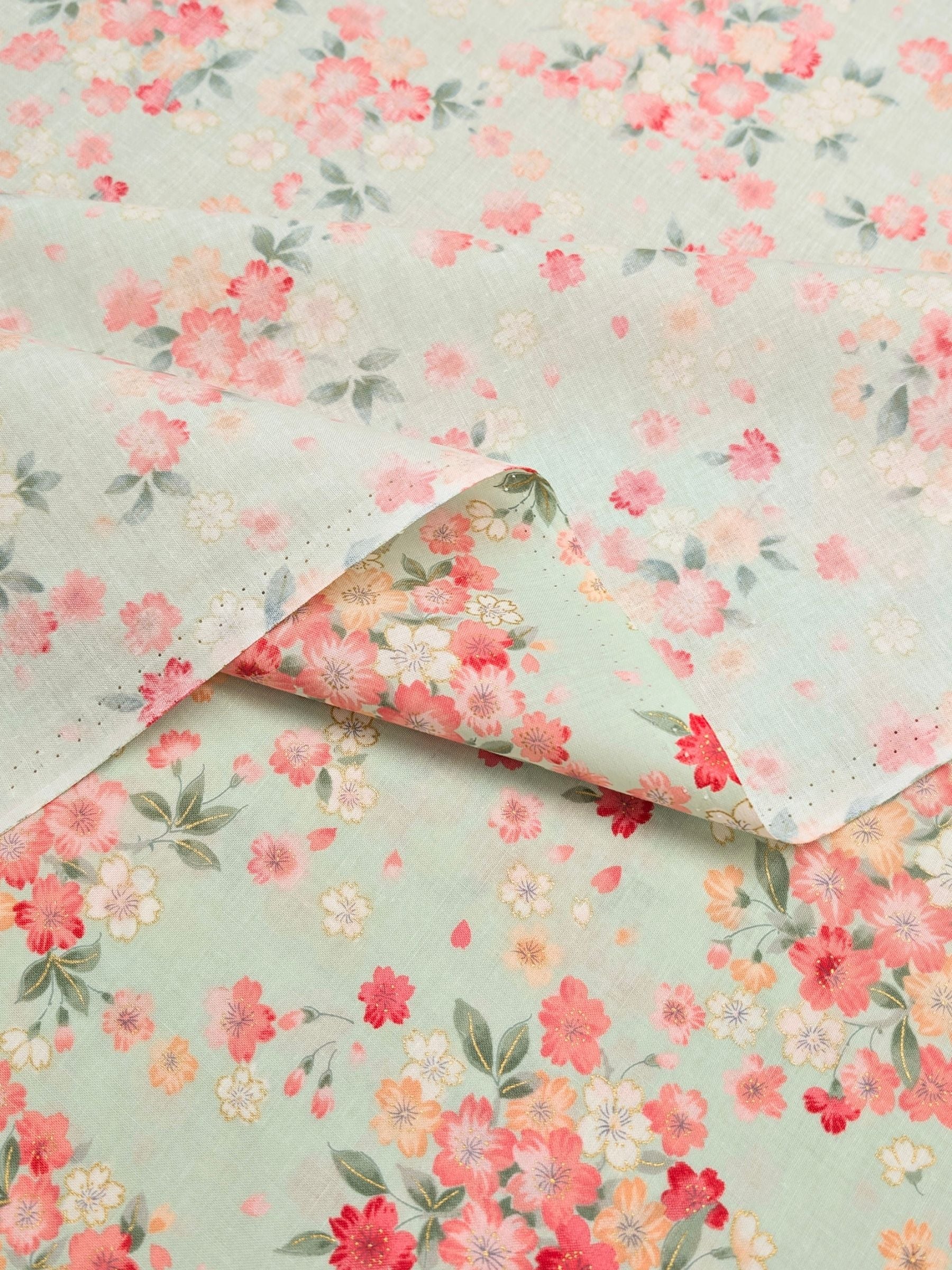 Kokka - Golden Cherry Blossoms Cotton Sheeting Fabric - Green
