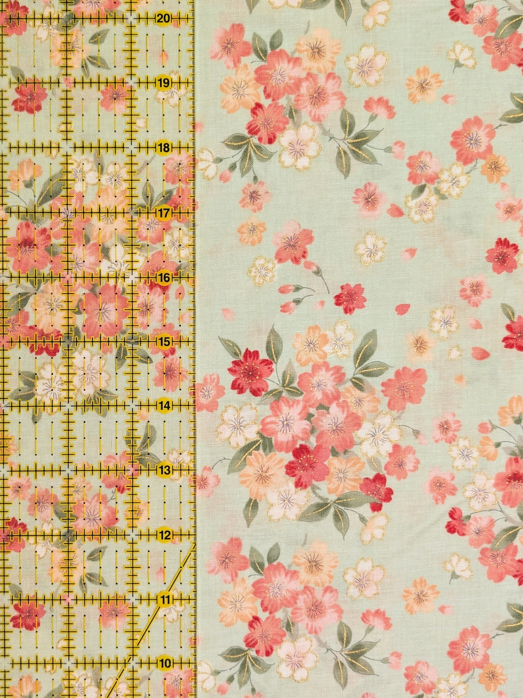 Kokka - Golden Cherry Blossoms Cotton Sheeting Fabric - Green