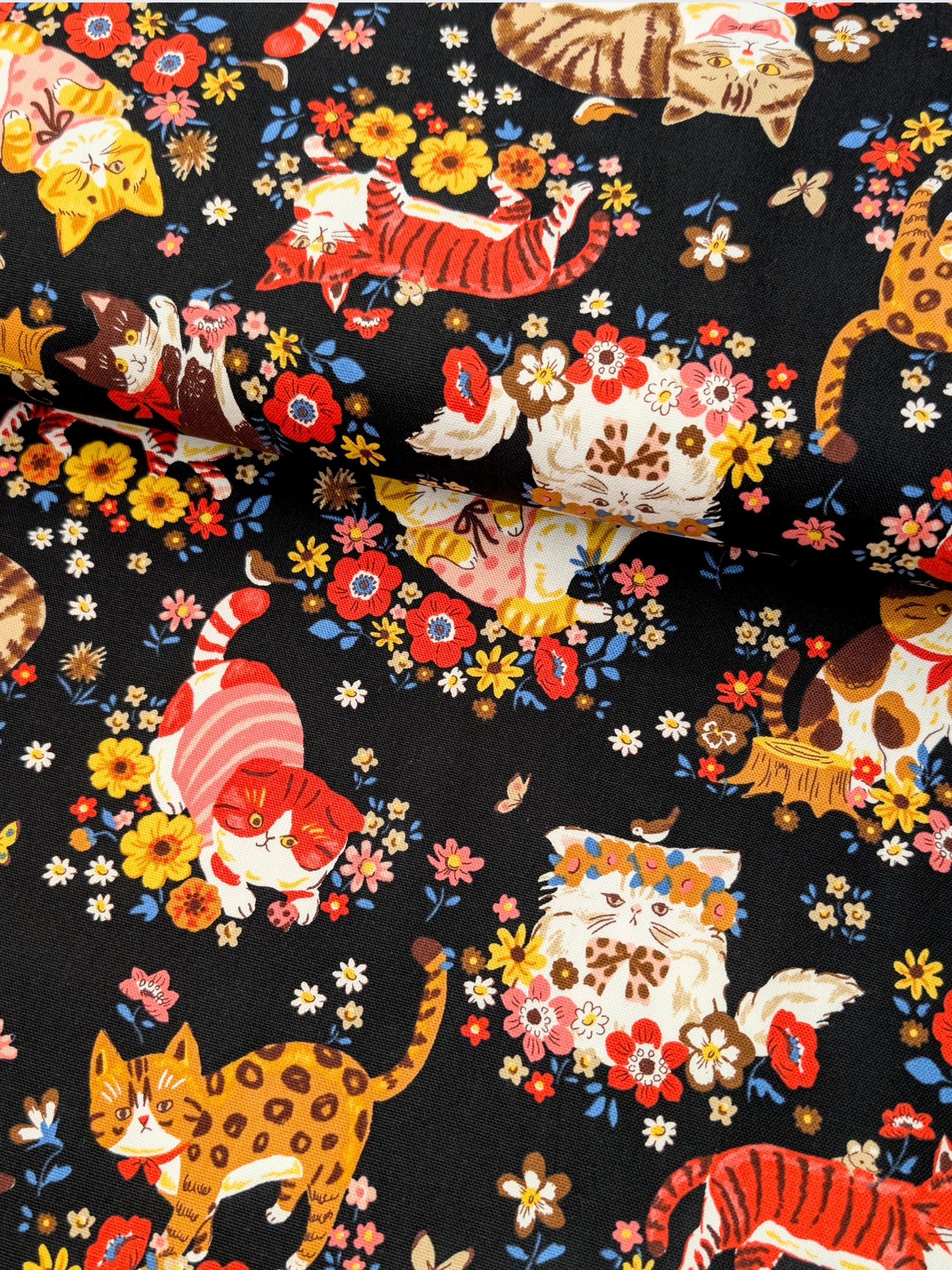 Kokka - Flower Meadow Cats Cotton Oxford Fabric - Black