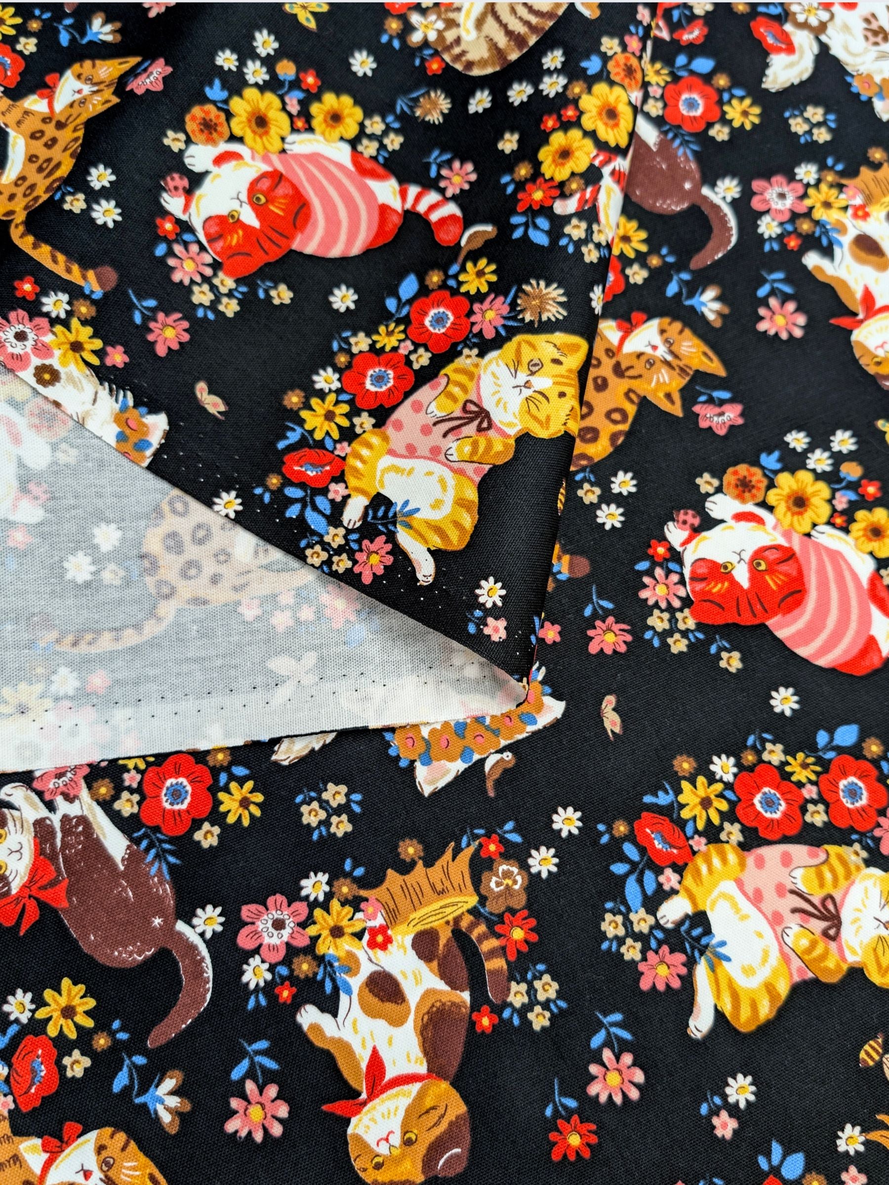 Kokka - Flower Meadow Cats Cotton Oxford Fabric - Black REMNANT