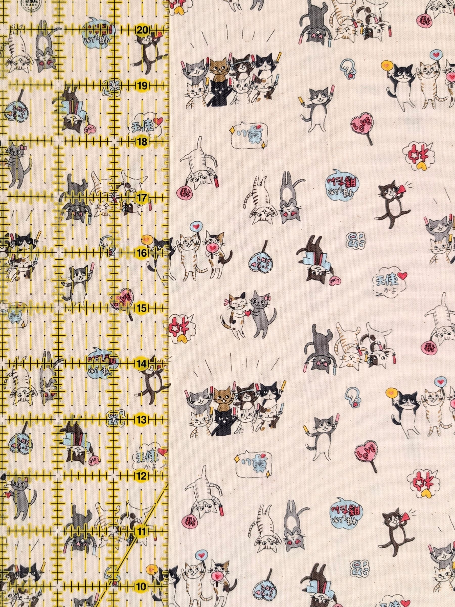 Kokka - Kitties In Love Cotton Sheeting Fabric - Beige