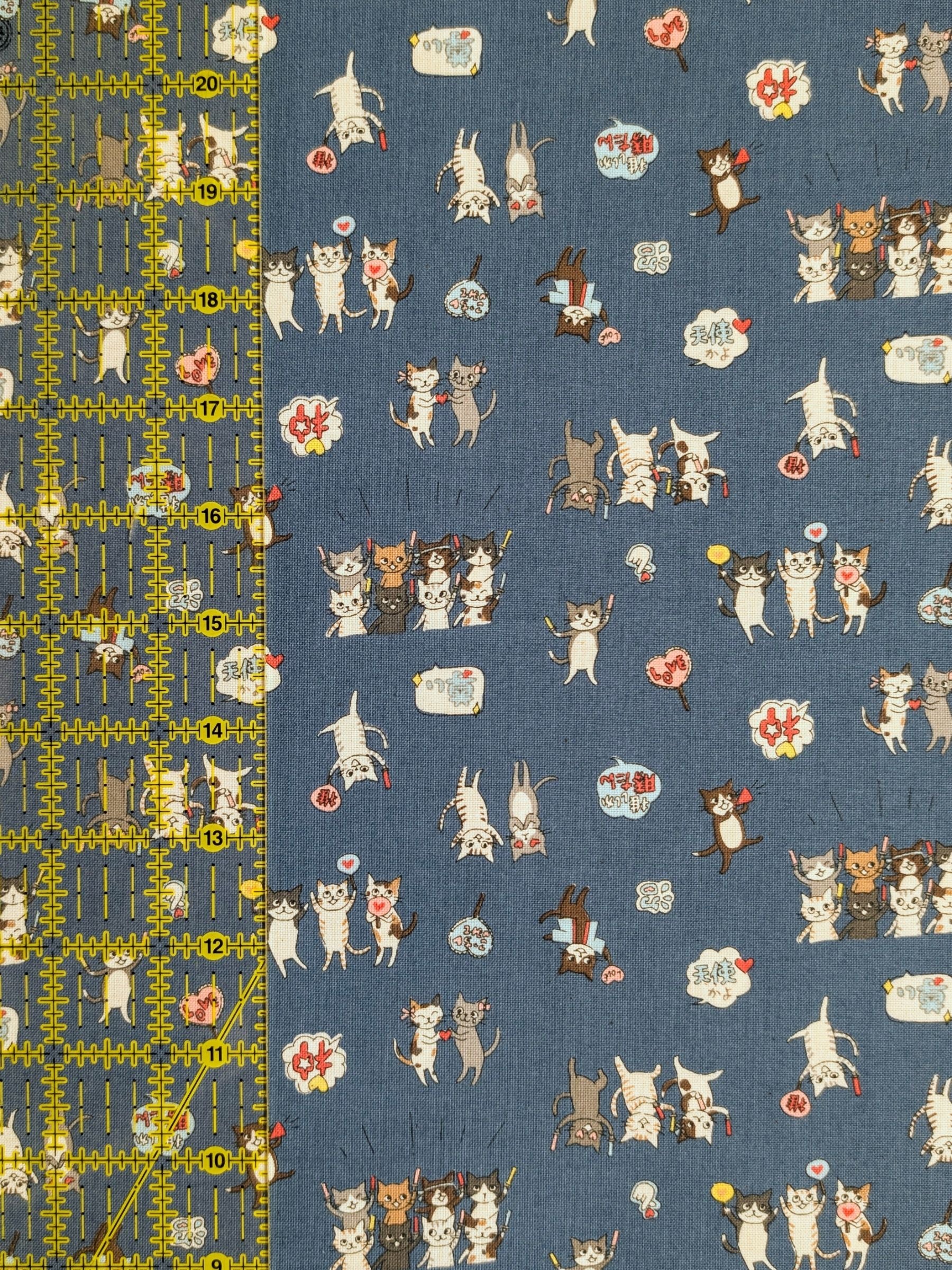 Kokka - Kitties In Love Cotton Sheeting Fabric - Blue