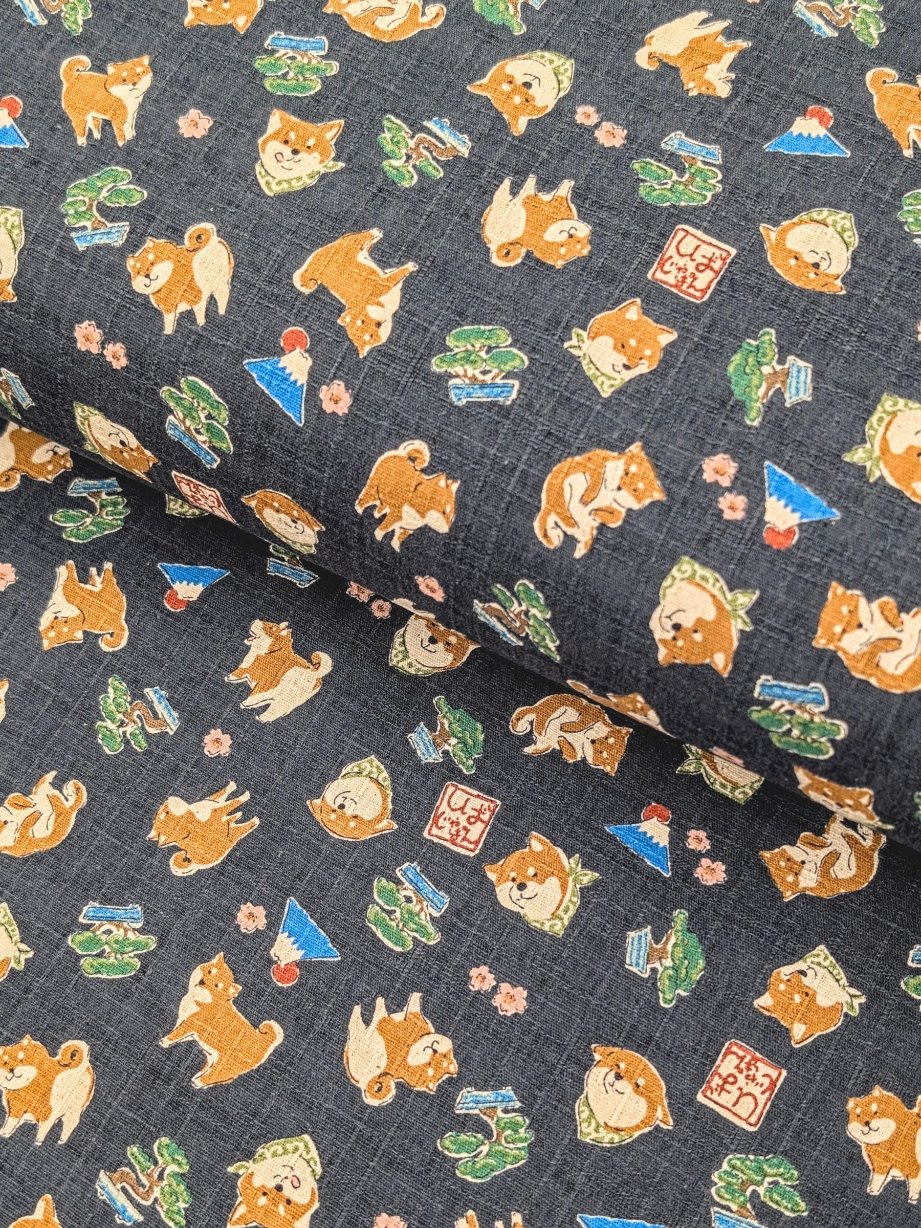 Kokka - Little Shibas and Bonsai Cotton Dobby Fabric - Gray-Blue