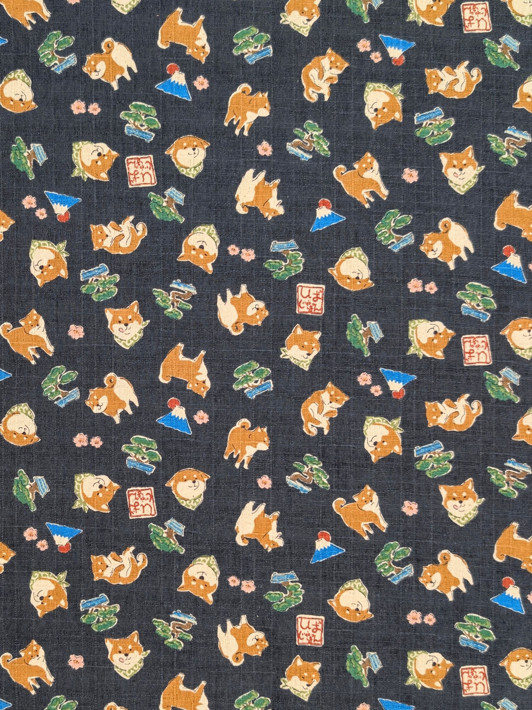Kokka - Little Shibas and Bonsai Cotton Dobby Fabric - Gray-Blue
