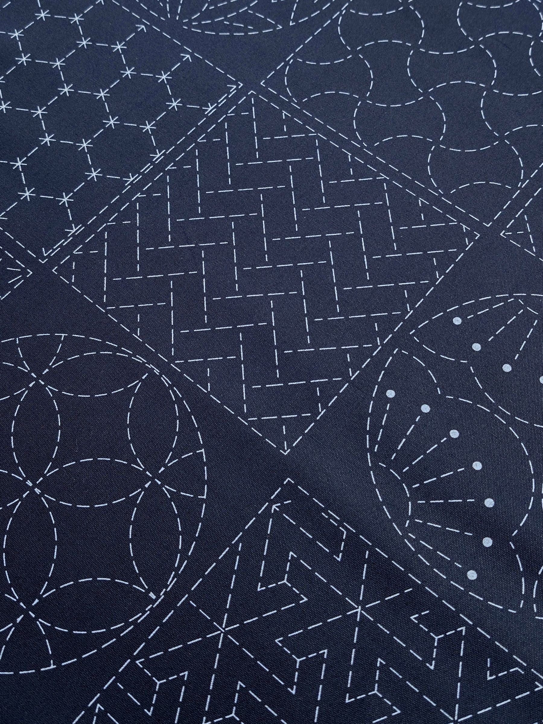 Ayatex - Patterned Blocks and Circles Pre-Printed Sashiko Cotton Fabric - Black/Navy/Beige
