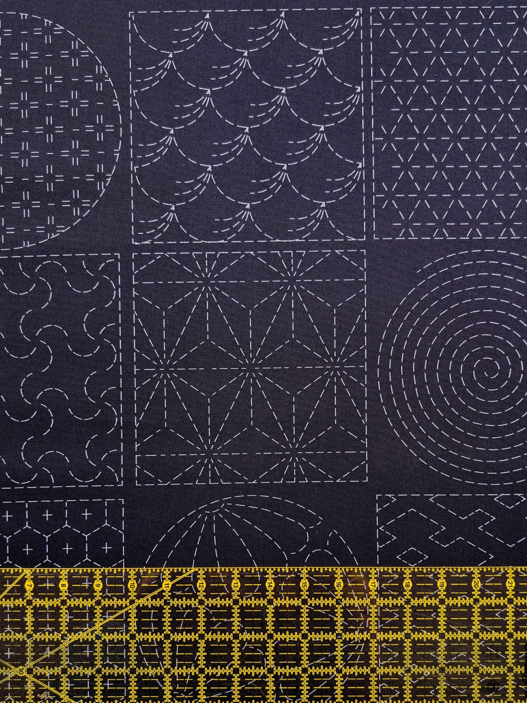 Ayatex - Patterned Blocks and Circles Pre-Printed Sashiko Cotton Fabric - Black/Navy/Beige