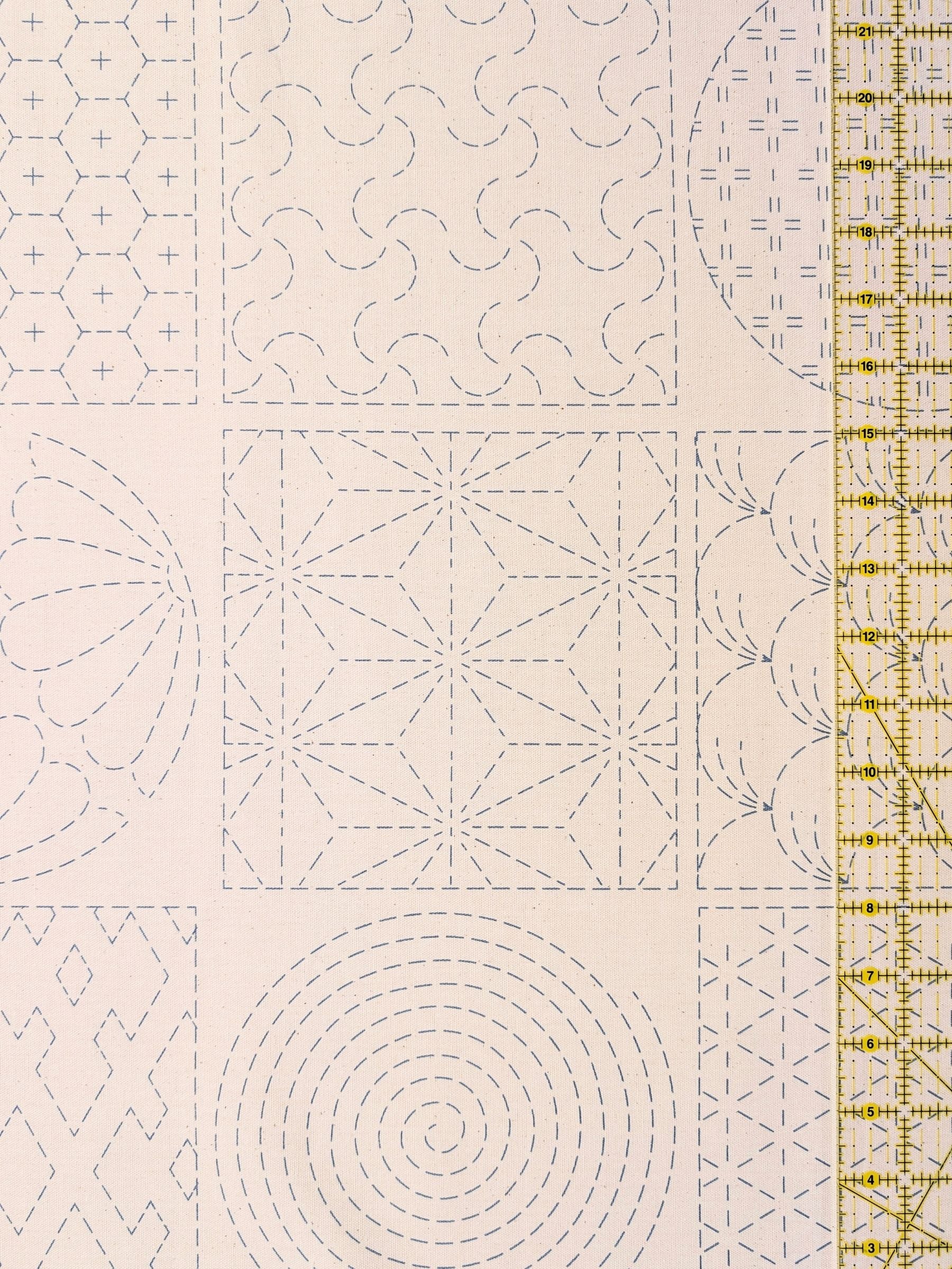 Ayatex - Patterned Blocks and Circles Pre-Printed Sashiko Cotton Fabric - Black/Navy/Beige