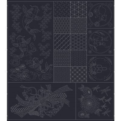 QH Textiles - SALE Leaping Carp, Tabane Noshi, Rabbits, Cats, Bamboo Wagara Sashiko Preprinted Fabric Panel