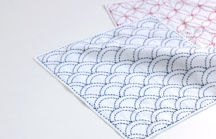 Yokota - Asagao Morning Glory Star Cotton Sashiko Fukin Sampler Cloth - White