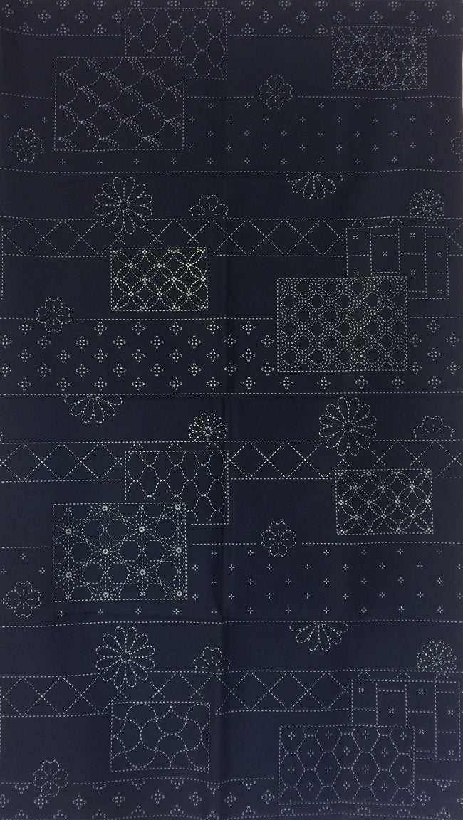 Orimono Imports - Flowers and Blocks Sashiko Washout Fabric Panel - Dark Navy, Cream, or Black