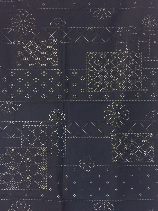 Orimono Imports - Flowers and Blocks Sashiko Washout Fabric Panel - Dark Navy, Cream, or Black