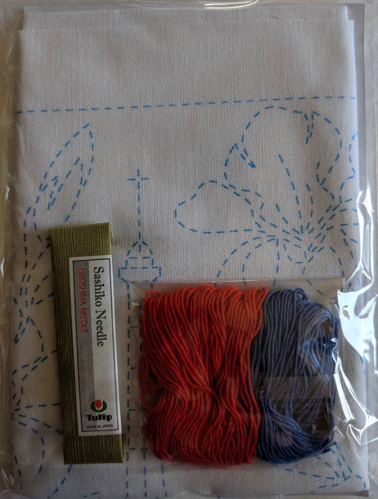Tulip Sashiko World FRANCE "The Eiffel Tower and Irises" sashiko sampler kit with cotton fabric, thread, and needle from Japan