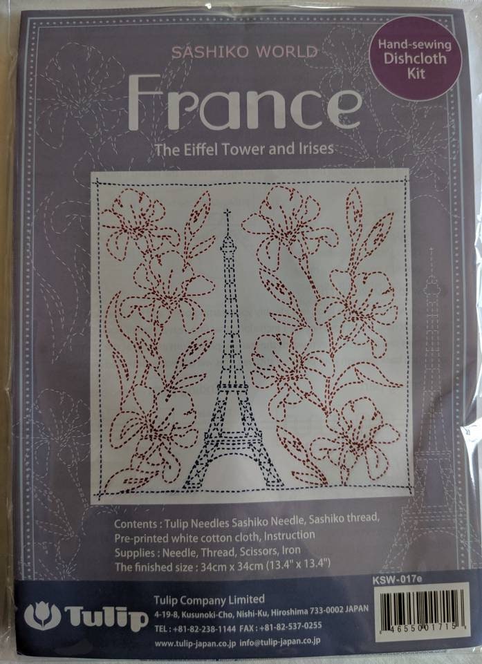 Tulip Sashiko World FRANCE "The Eiffel Tower and Irises" sashiko sampler kit with cotton fabric, thread, and needle from Japan