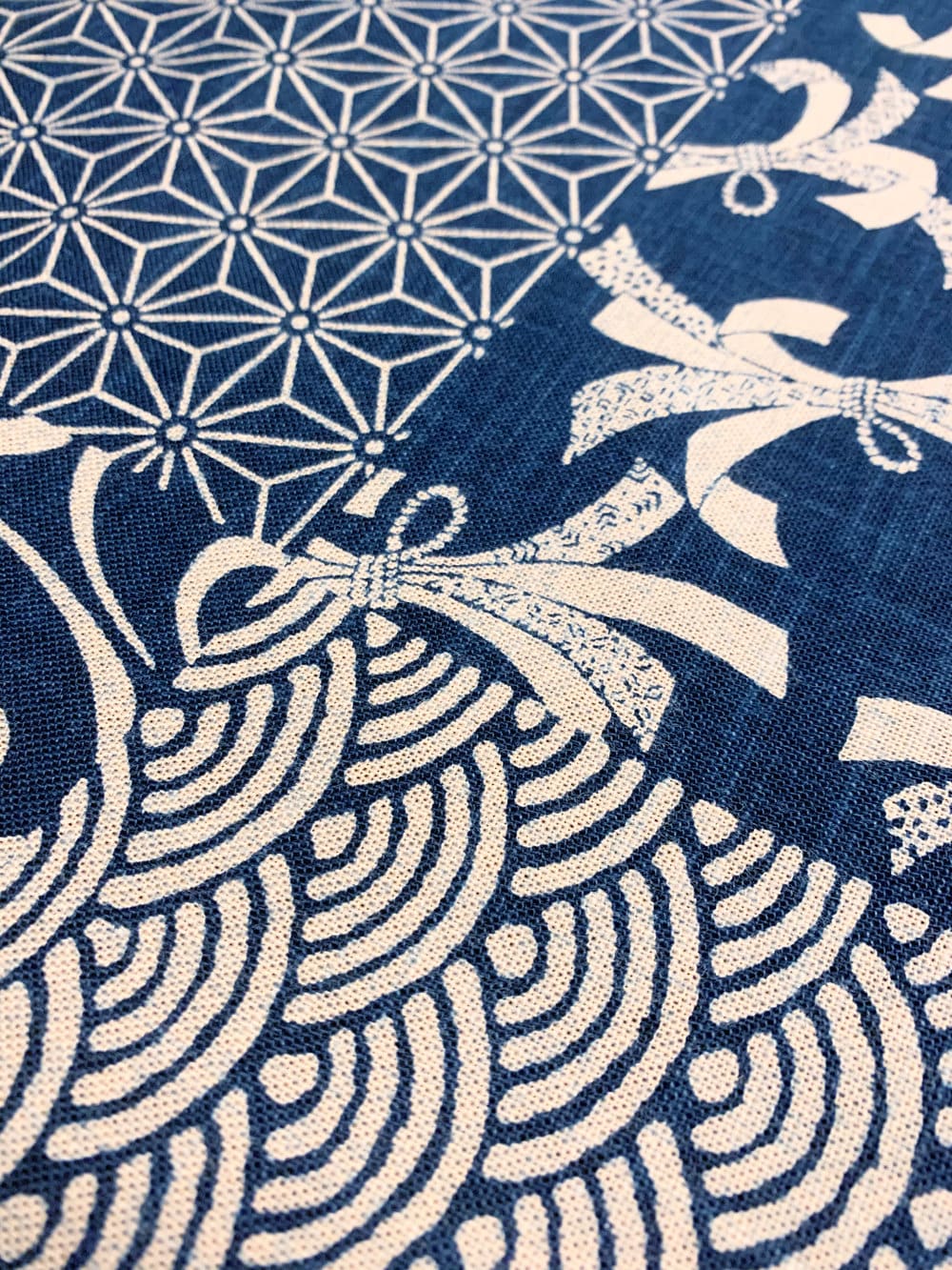 Hand stenciled patchwork beige navy blue/indigo Japanese cotton fabric KP7090-57-A half yard