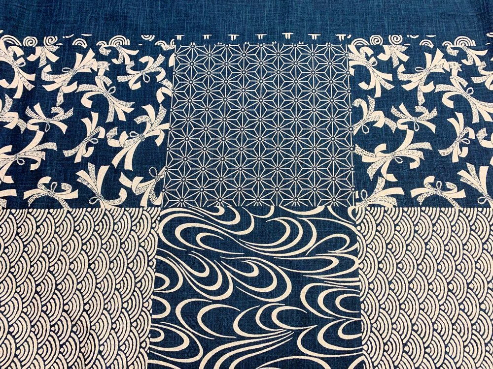 Hand stenciled patchwork beige navy blue/indigo Japanese cotton fabric KP7090-57-A half yard