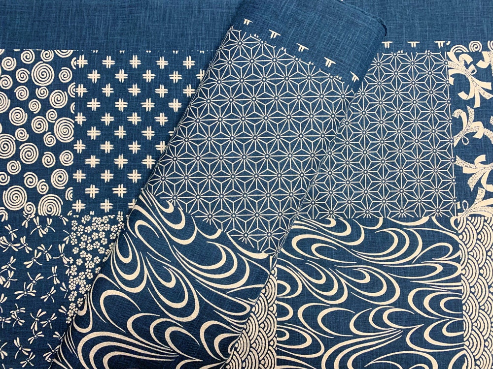 Hand stenciled patchwork beige navy blue/indigo Japanese cotton fabric KP7090-57-A half yard