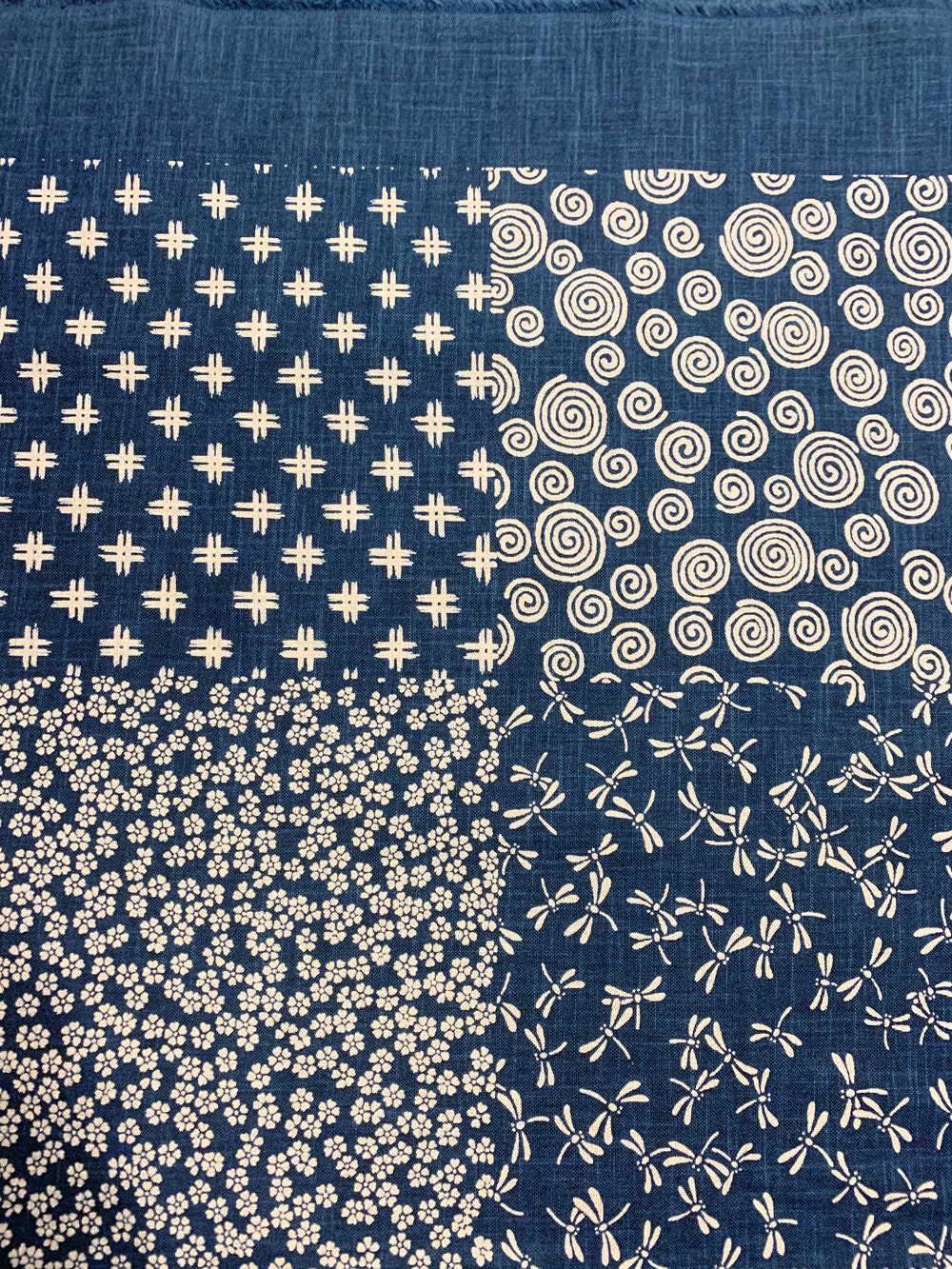 Hand stenciled patchwork beige navy blue/indigo Japanese cotton fabric KP7090-57-A half yard