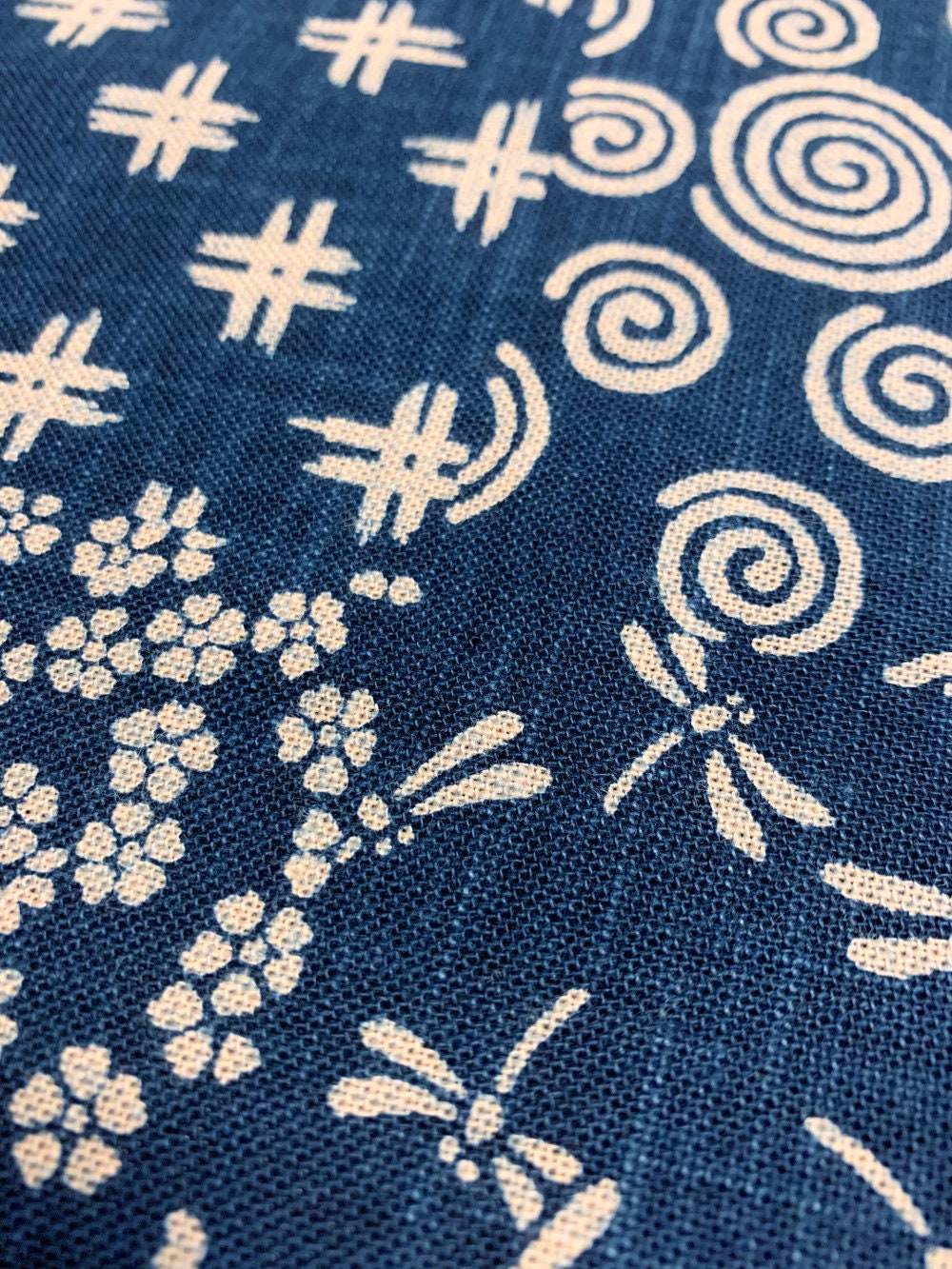 Hand stenciled patchwork beige navy blue/indigo Japanese cotton fabric KP7090-57-A half yard