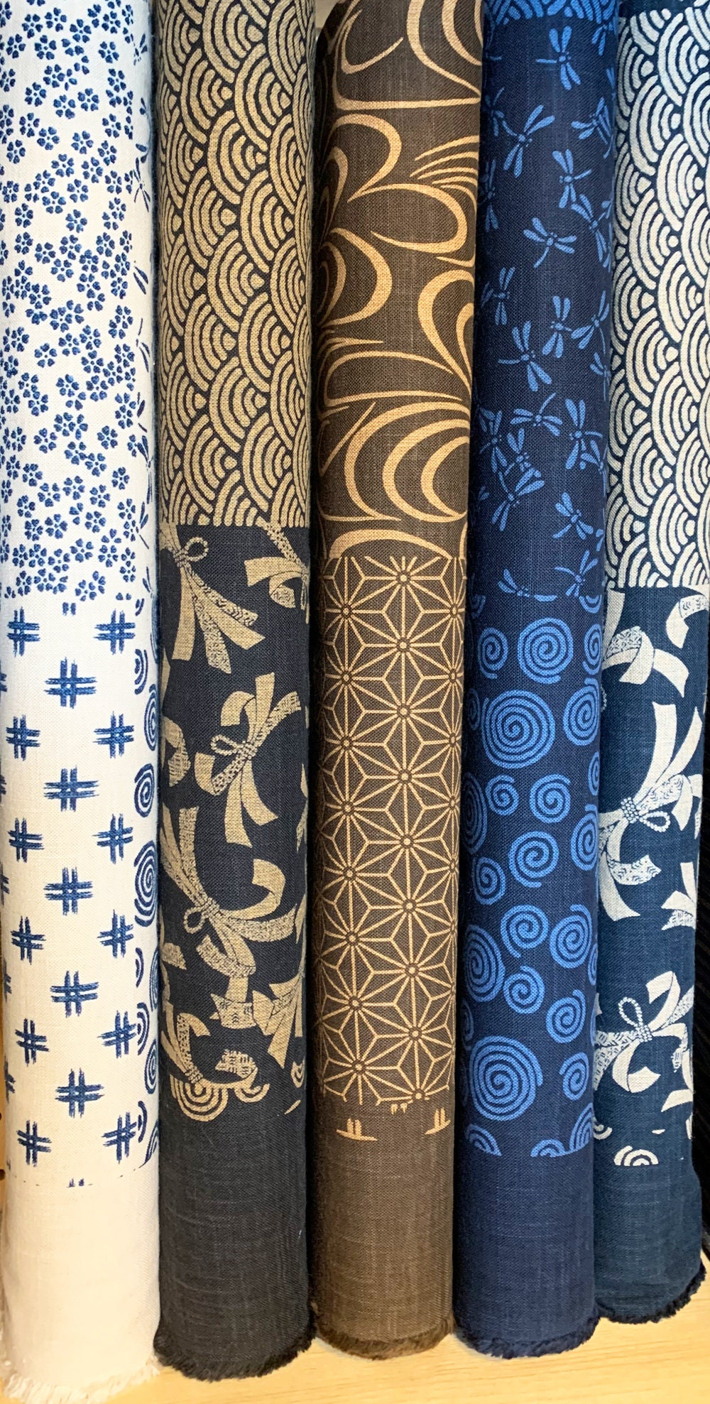 Hand stenciled patchwork beige navy blue/indigo Japanese cotton fabric KP7090-57-A half yard