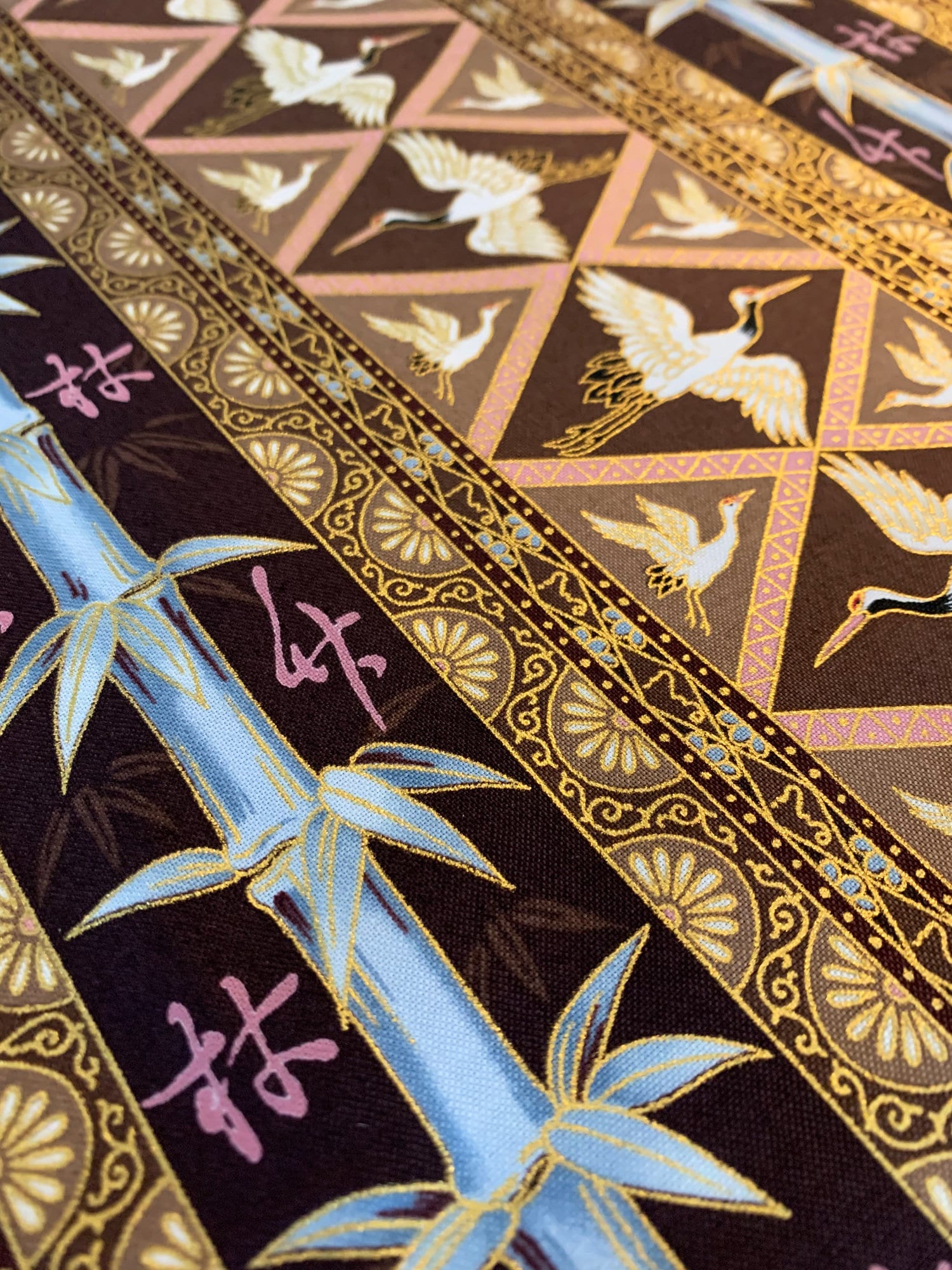 QH Textiles - SALE Diamond Cranes in Hanabi - Brown Pink Gold