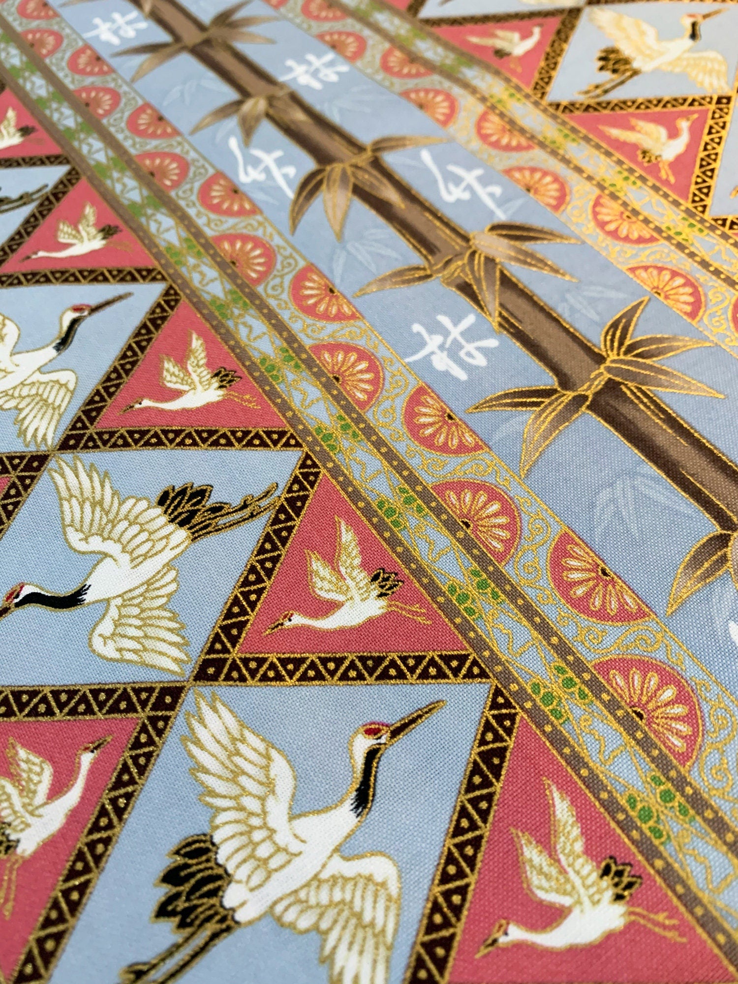 QH Textiles - SALE Diamond Cranes in Hanabi - Blue Pink Gold